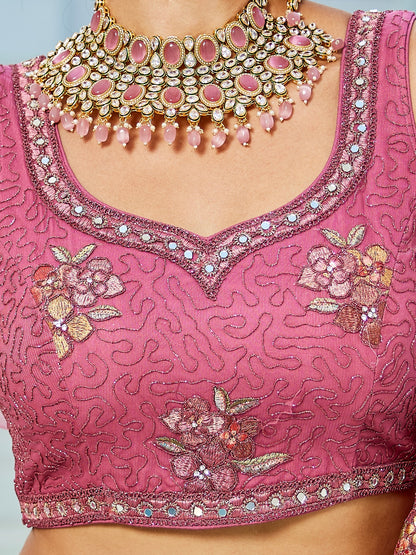 Pink Embroidered Net Lehenga with Sequins &amp; Zarkan Work