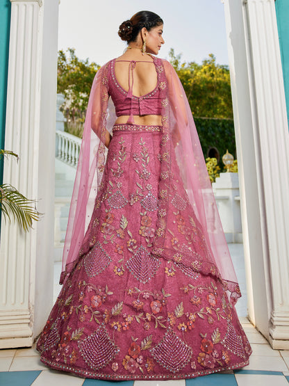 Pink Embroidered Net Lehenga with Sequins &amp; Zarkan Work