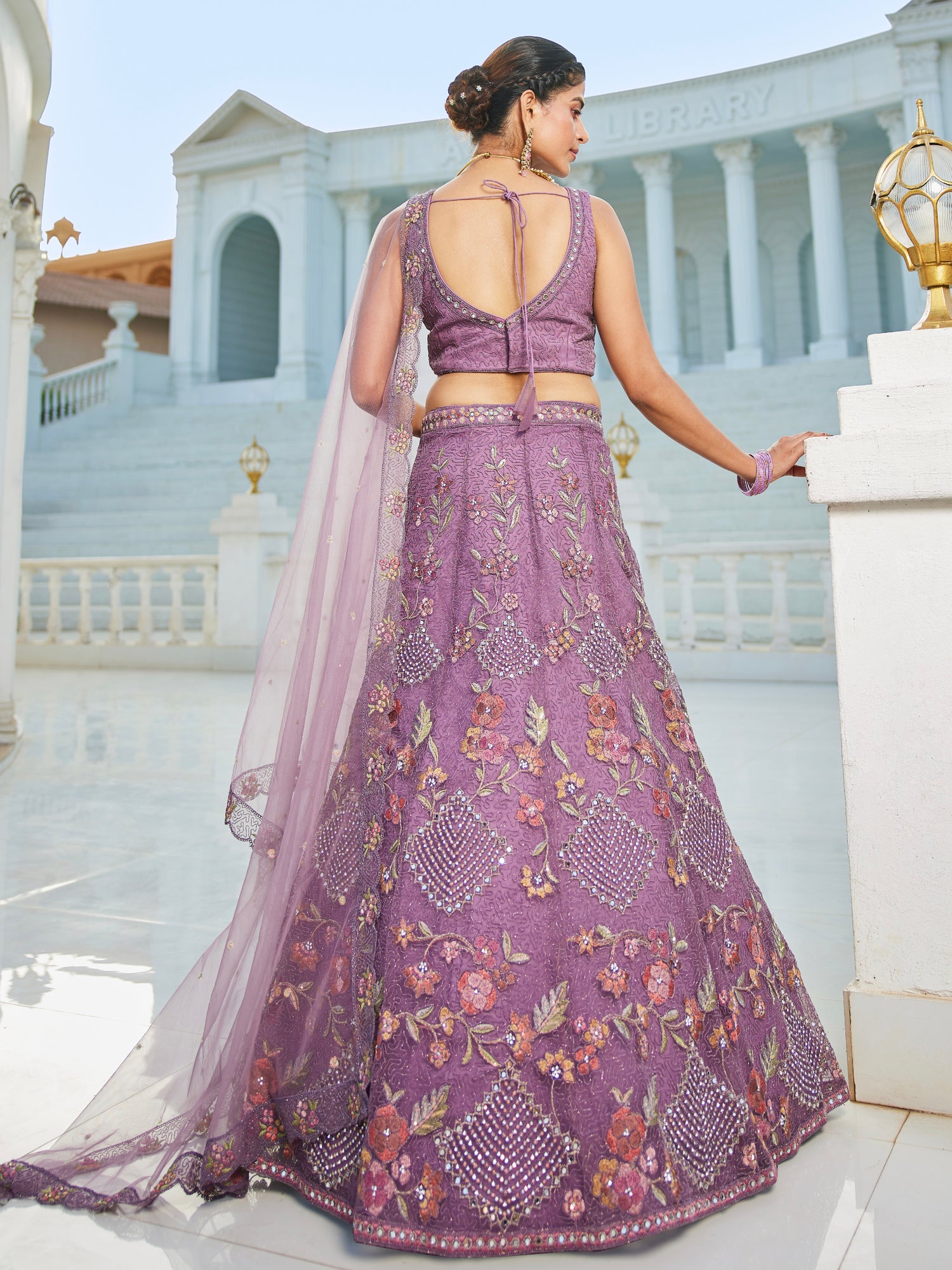 Purple Embroidered Net Lehenga with Sequins &amp; Zarkan Work