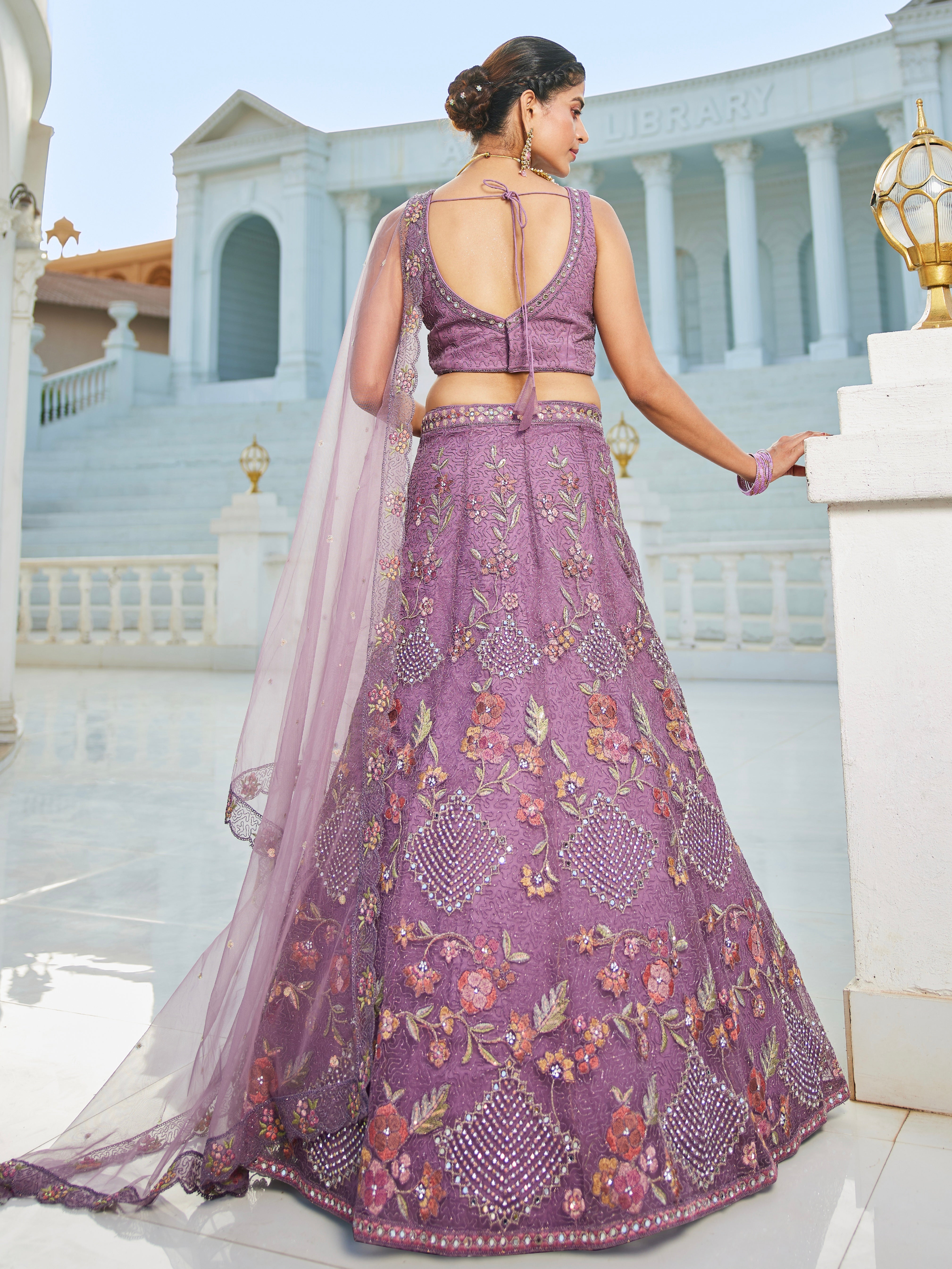 Purple Embroidered Net Lehenga with Sequins & Zarkan Work