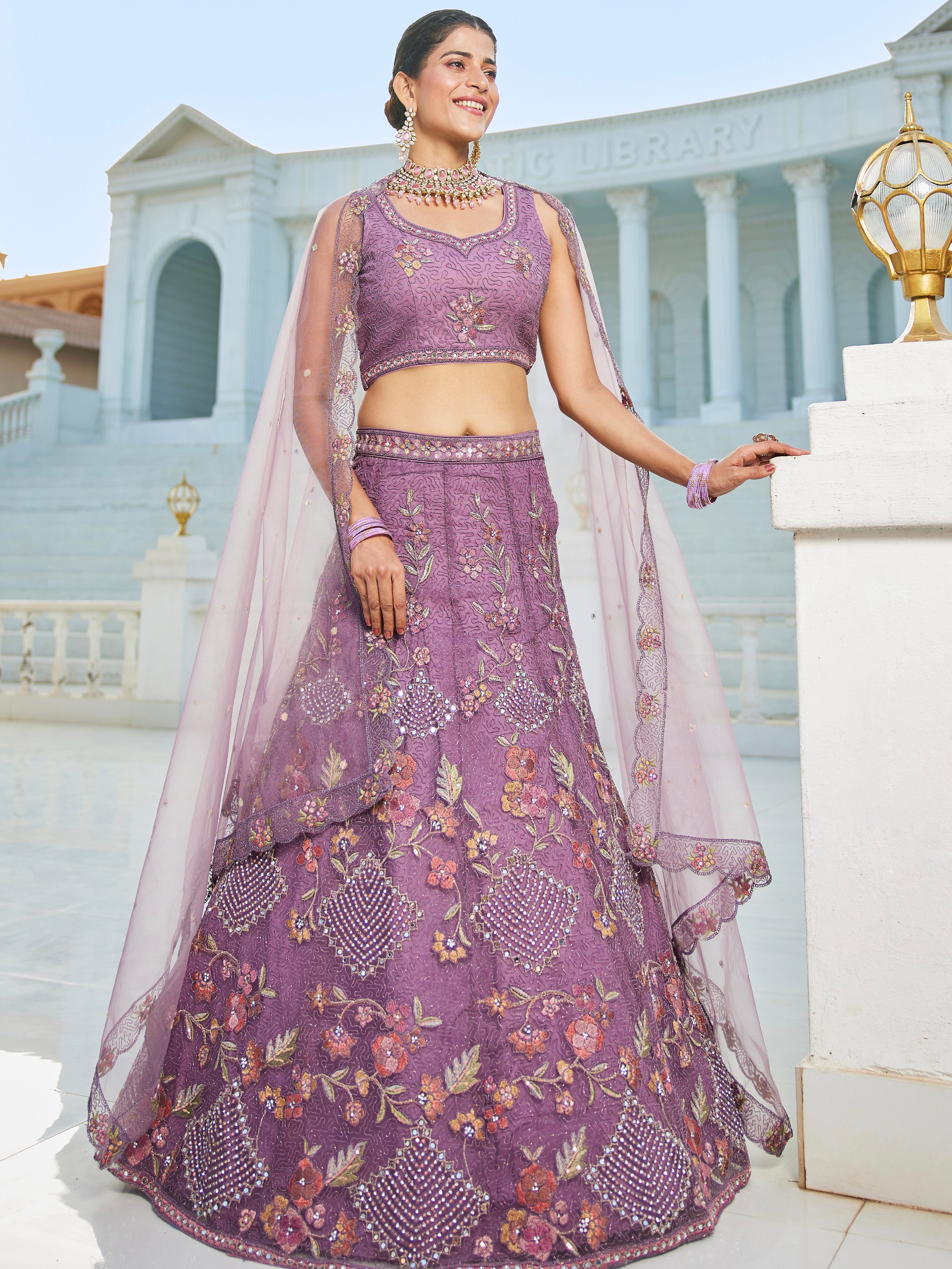 Purple Embroidered Net Lehenga with Sequins &amp; Zarkan Work