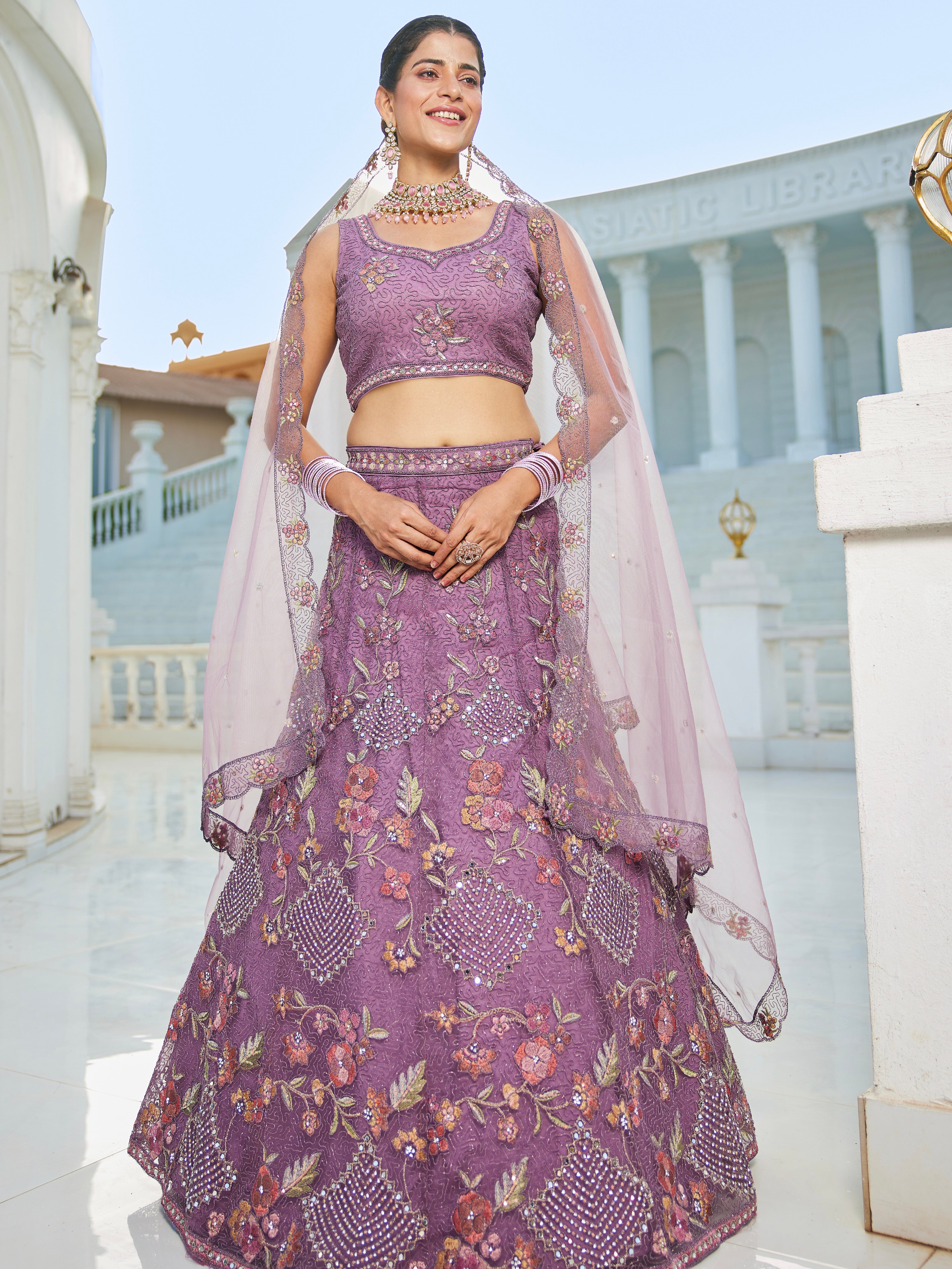 Purple Embroidered Net Lehenga with Sequins &amp; Zarkan Work