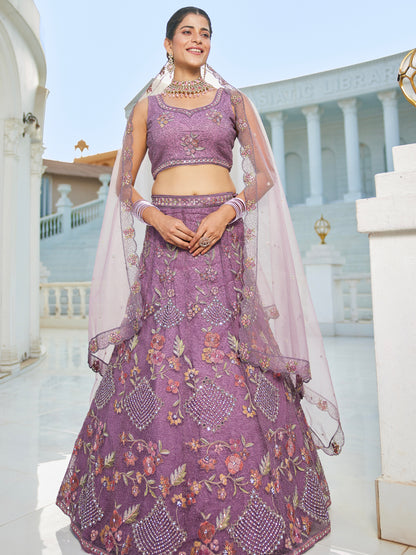 Purple Embroidered Net Lehenga with Sequins &amp; Zarkan Work