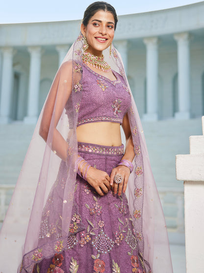 Purple Embroidered Net Lehenga with Sequins &amp; Zarkan Work