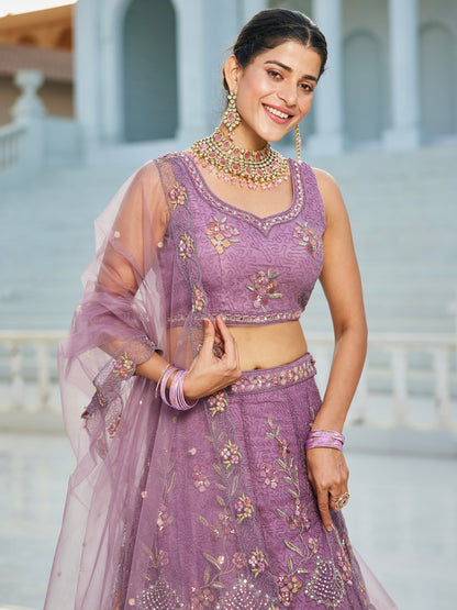 Purple Embroidered Net Lehenga with Sequins &amp; Zarkan Work
