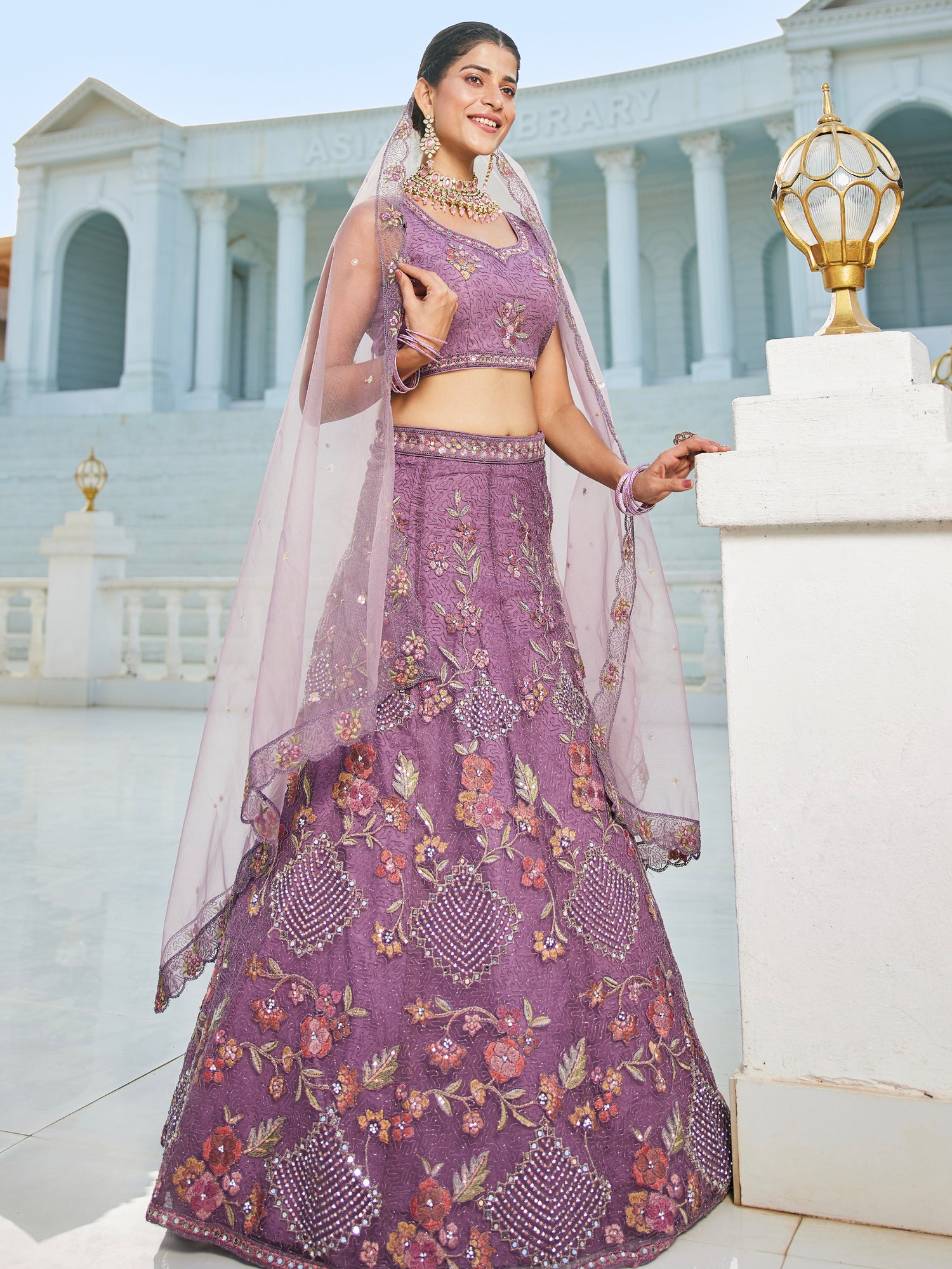 Purple Embroidered Net Lehenga with Sequins &amp; Zarkan Work