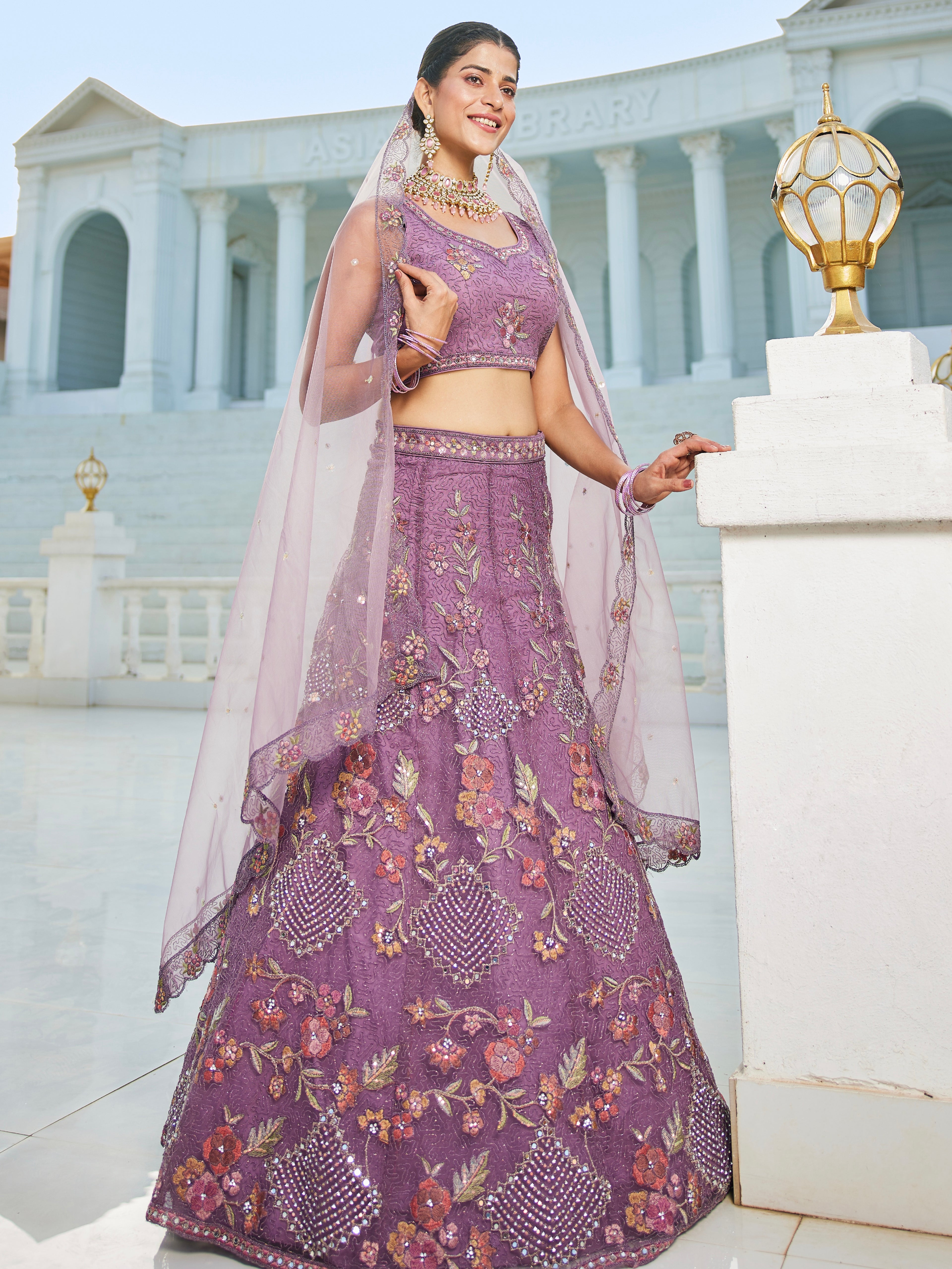 Purple Embroidered Net Lehenga with Sequins &amp; Zarkan Work