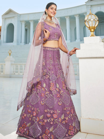 Purple Embroidered Net Lehenga with Sequins &amp; Zarkan Work