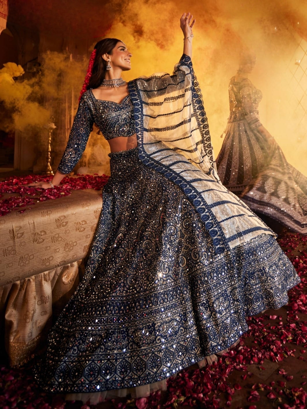 Navy Blue Heavy Mirror Work Embroidered Bridal Lehenga