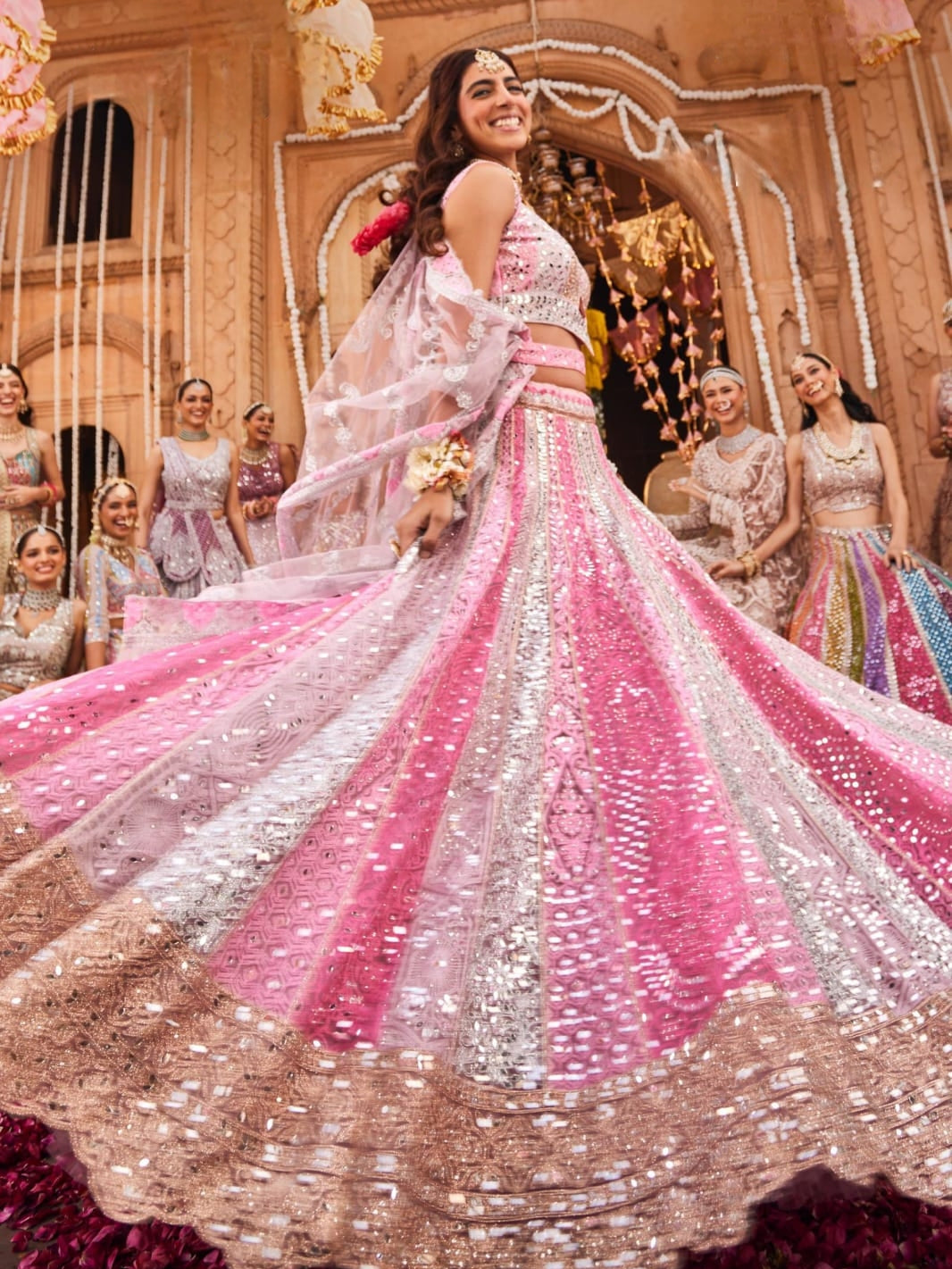 Pink &amp; Rose Gold Mirror Work Bridal Lehenga Choli