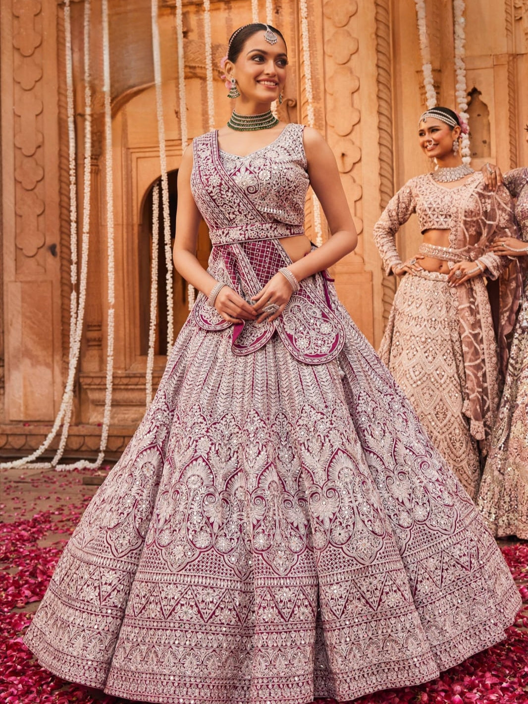 Wine &amp; Ivory Heavy Embroidered Bridal Lehenga