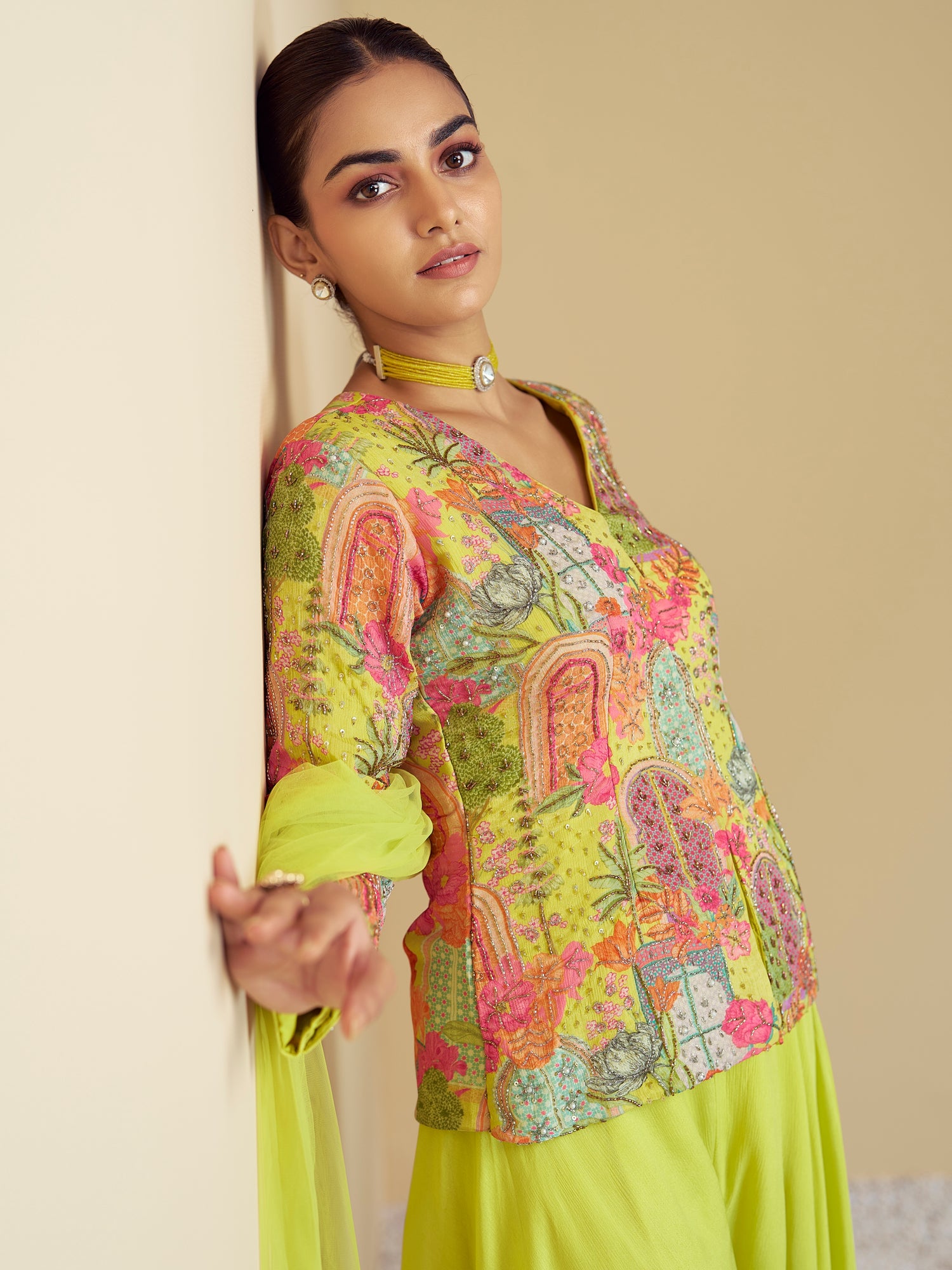 Lime Green Pure Chinon Palazzo Suit