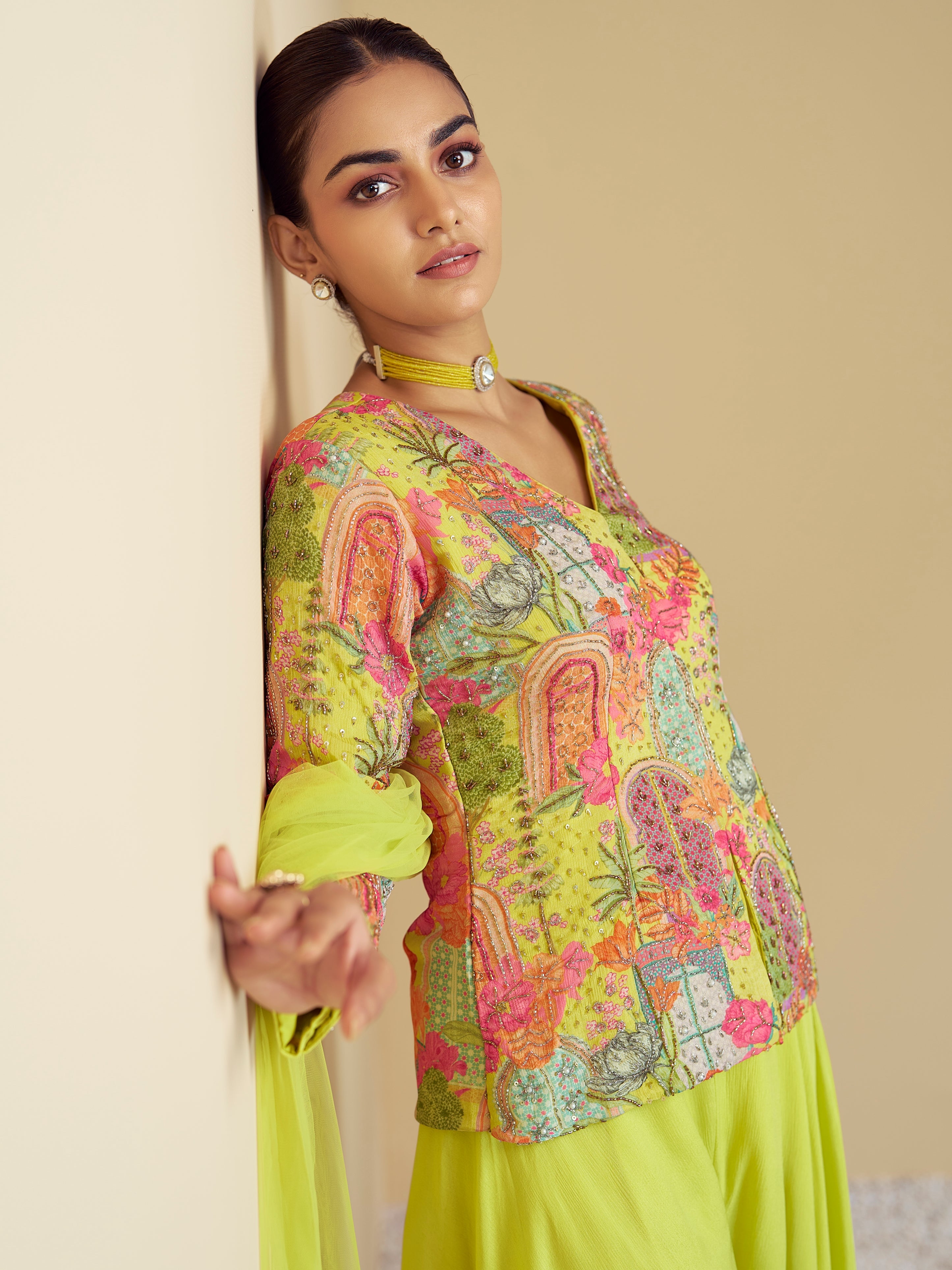 Lime Green Pure Chinon Palazzo Suit