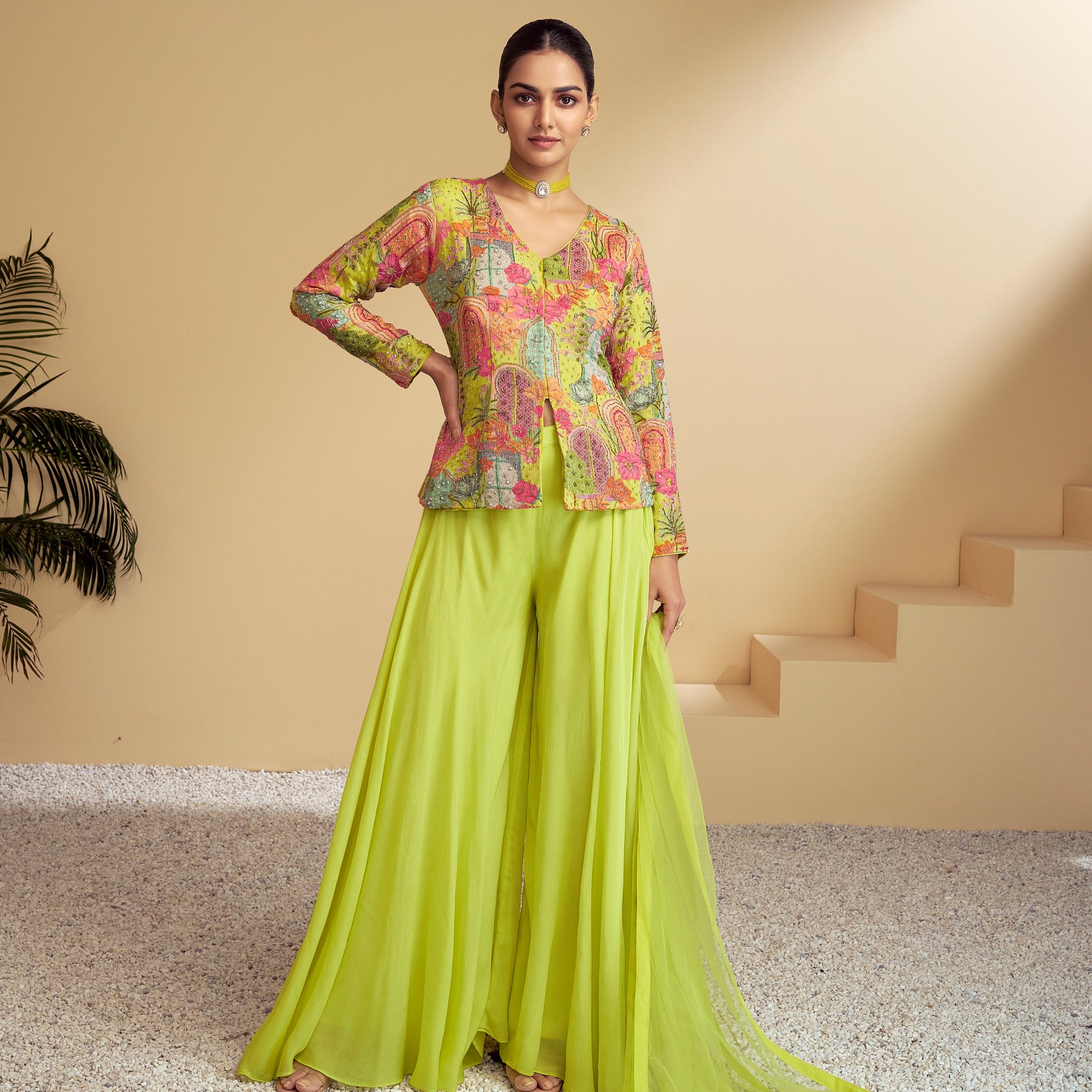 Lime Green Pure Chinon Palazzo Suit