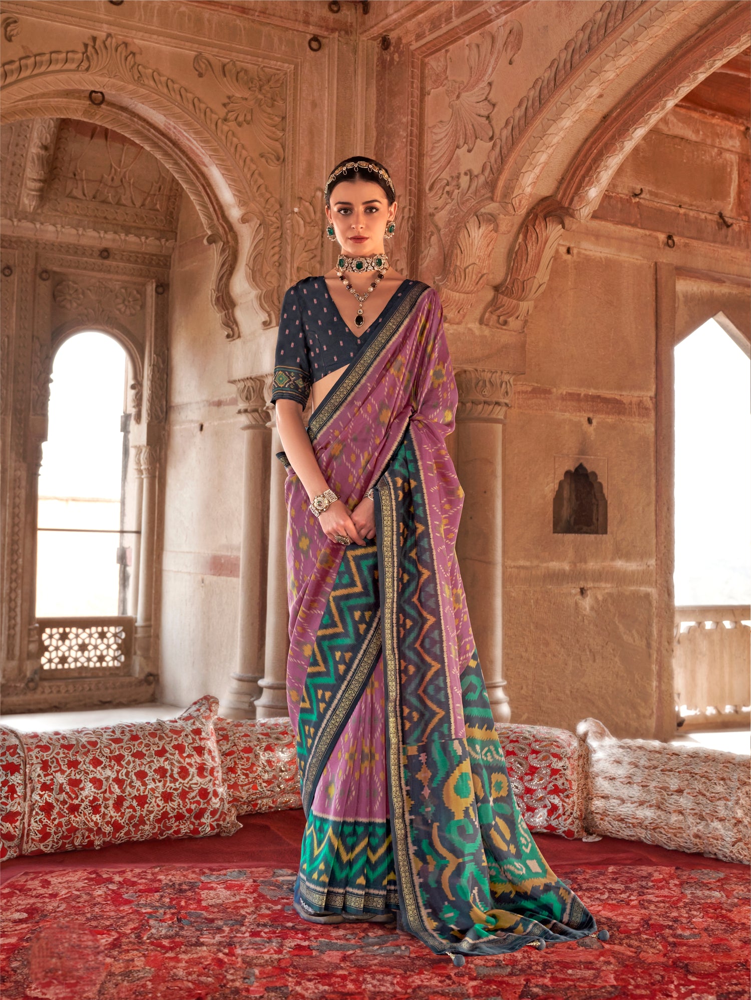 Navy Blue &amp; Gold Designer Patola Print Saree