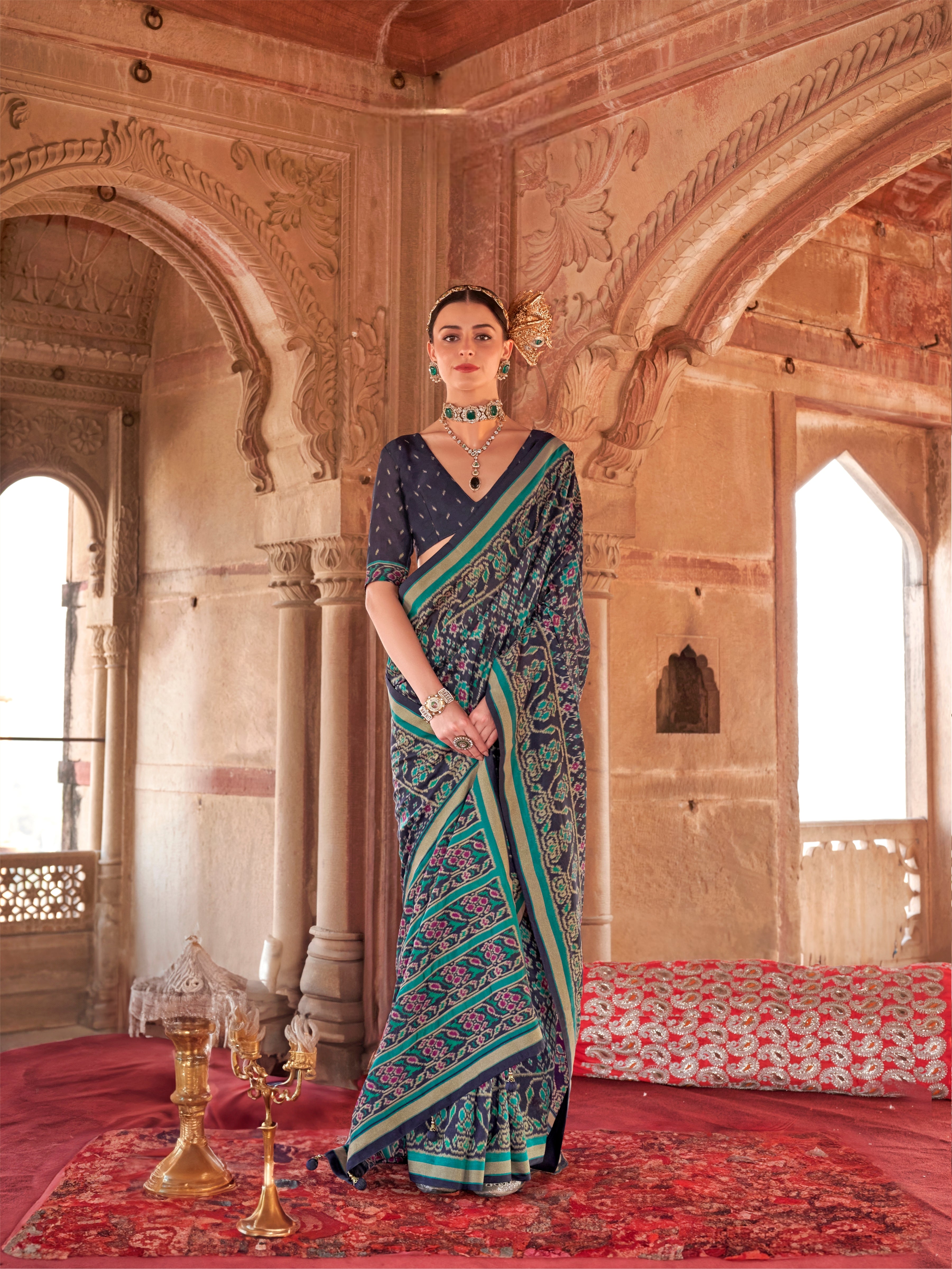 Royal Blue &amp; Gold Designer Patola Print Saree