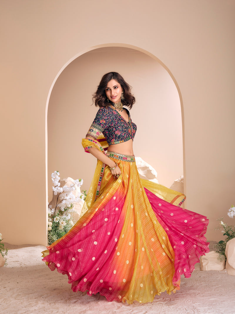 Multi-Colored Ombre Viscose Jacquard Silk Lehenga Choli
