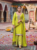 Lime Green Heavy Chinnon Embroidered Palazzo Suit