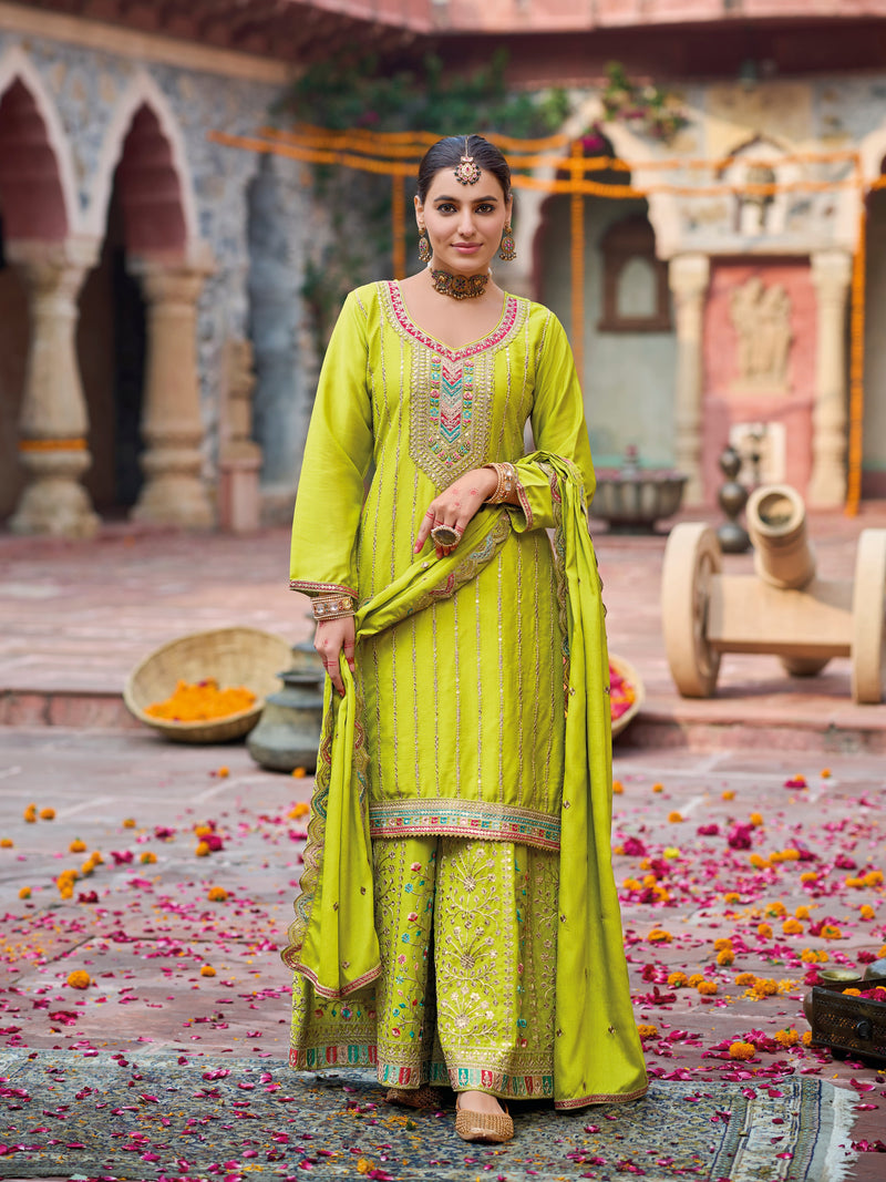 Lime Green Heavy Chinnon Embroidered Palazzo Suit