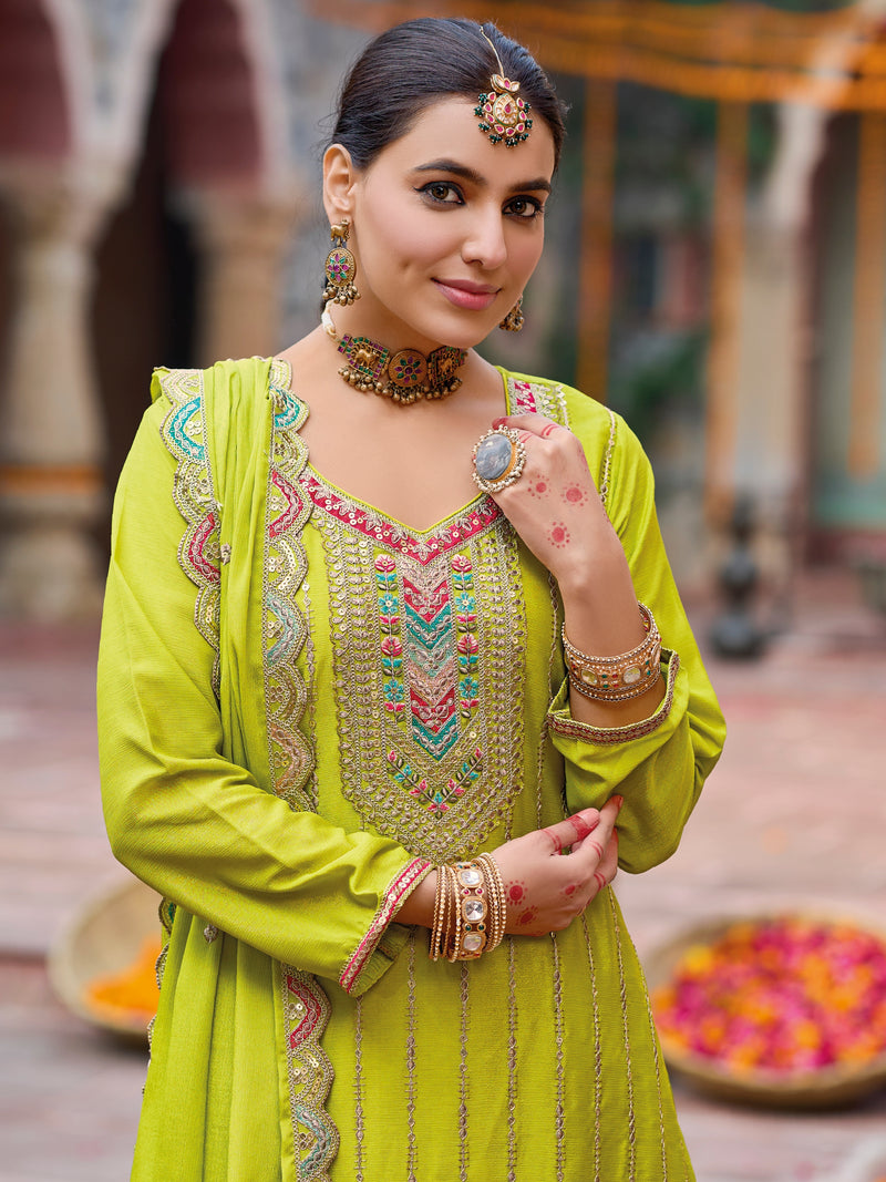 Lime Green Heavy Chinnon Embroidered Palazzo Suit
