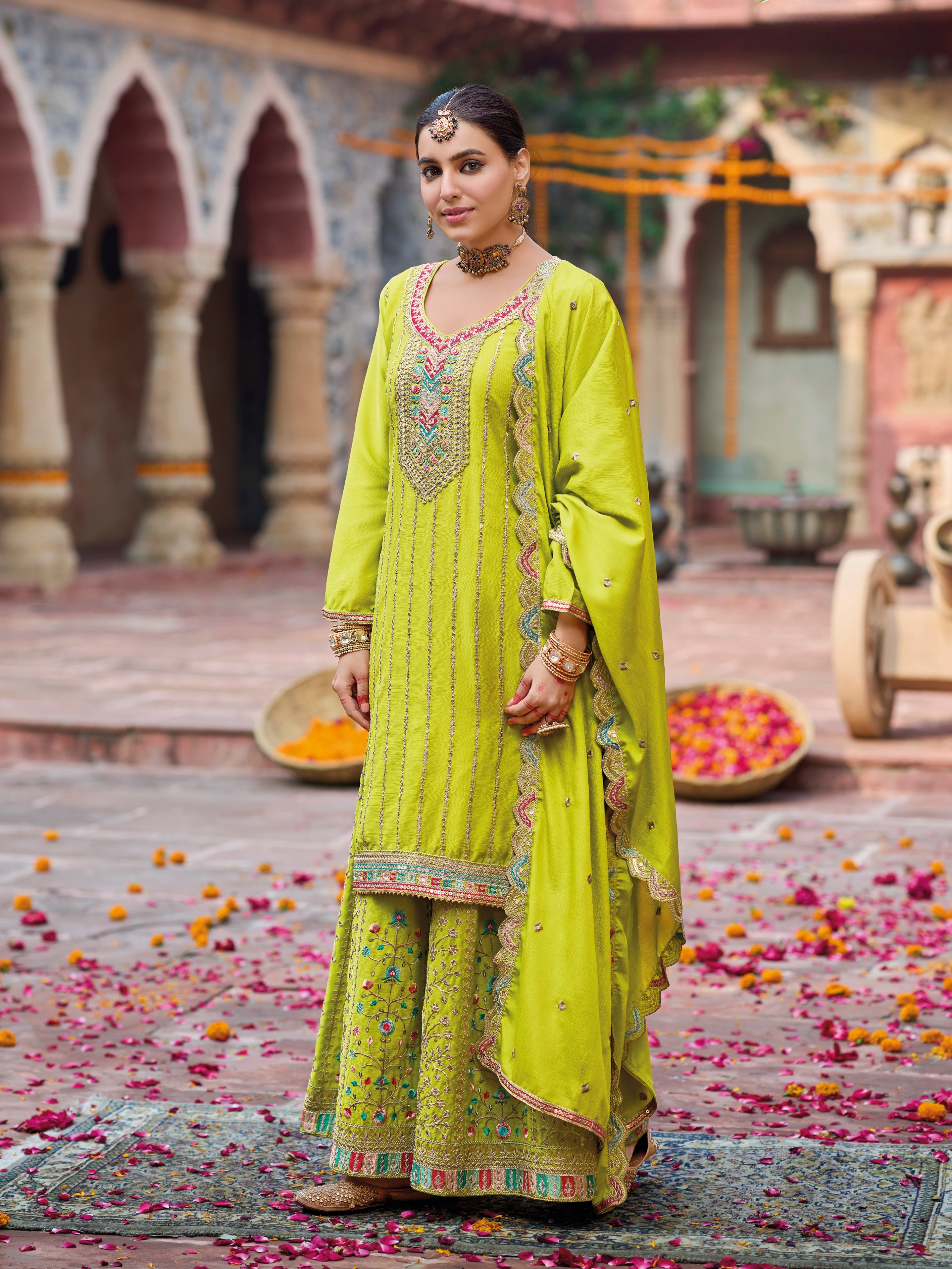 Lime Green Heavy Chinnon Embroidered Palazzo Suit
