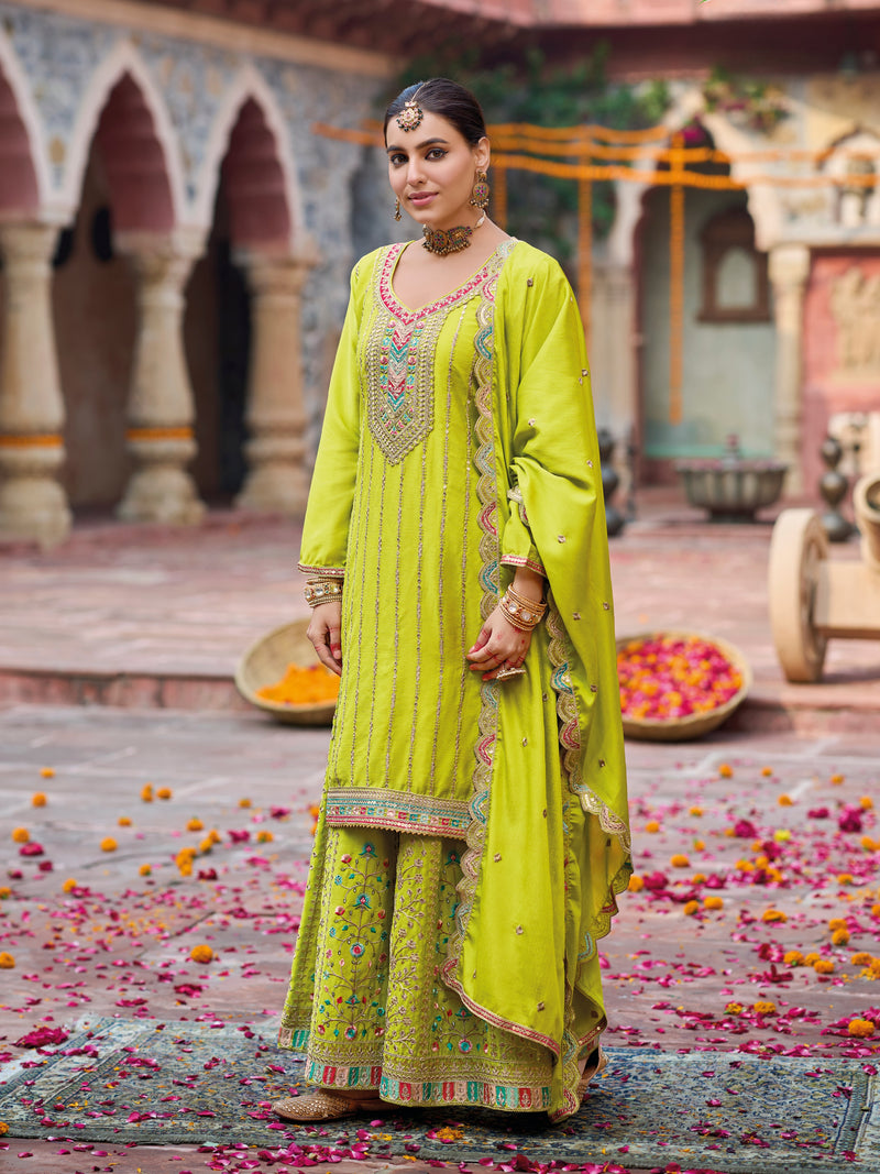 Lime Green Heavy Chinnon Embroidered Palazzo Suit