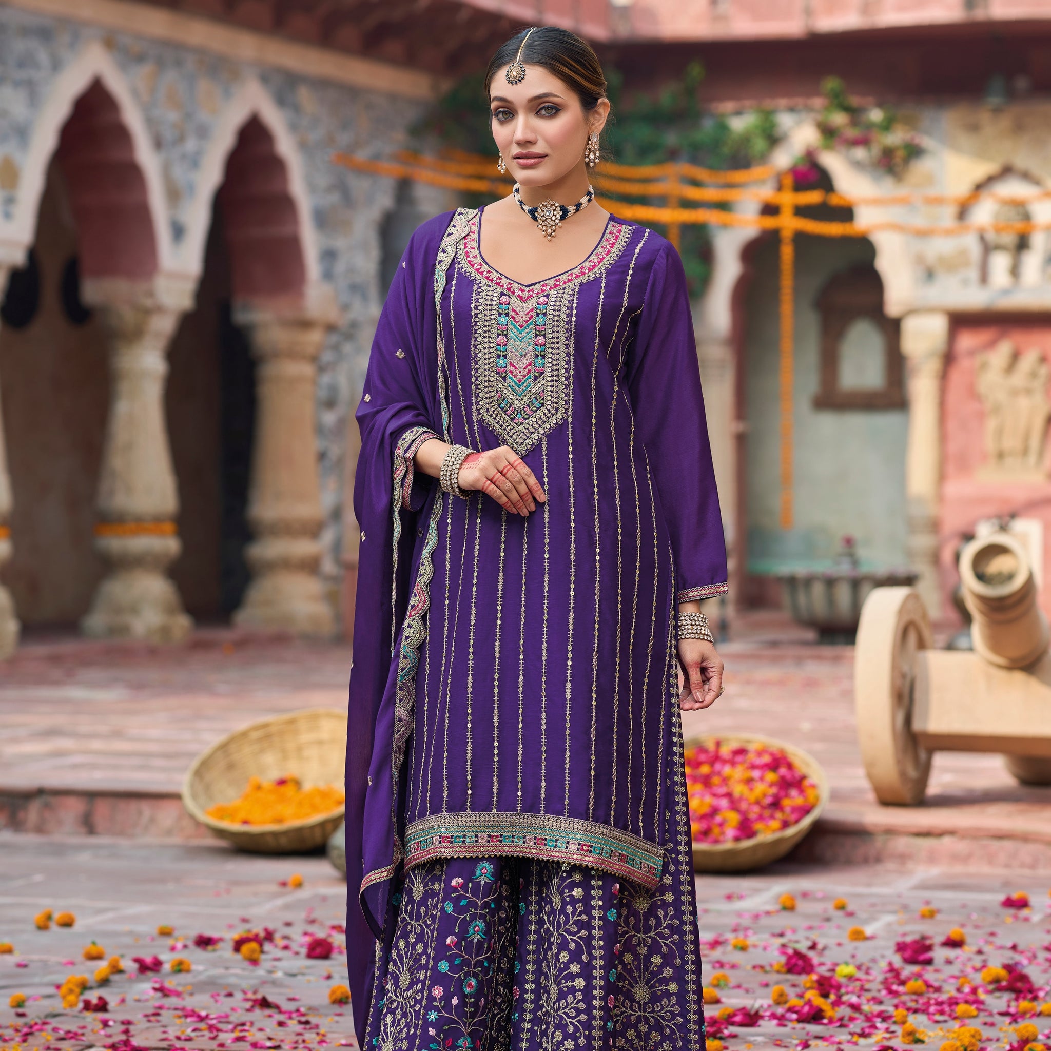 Royal Purple Heavy Chinnon Palazzo Suit