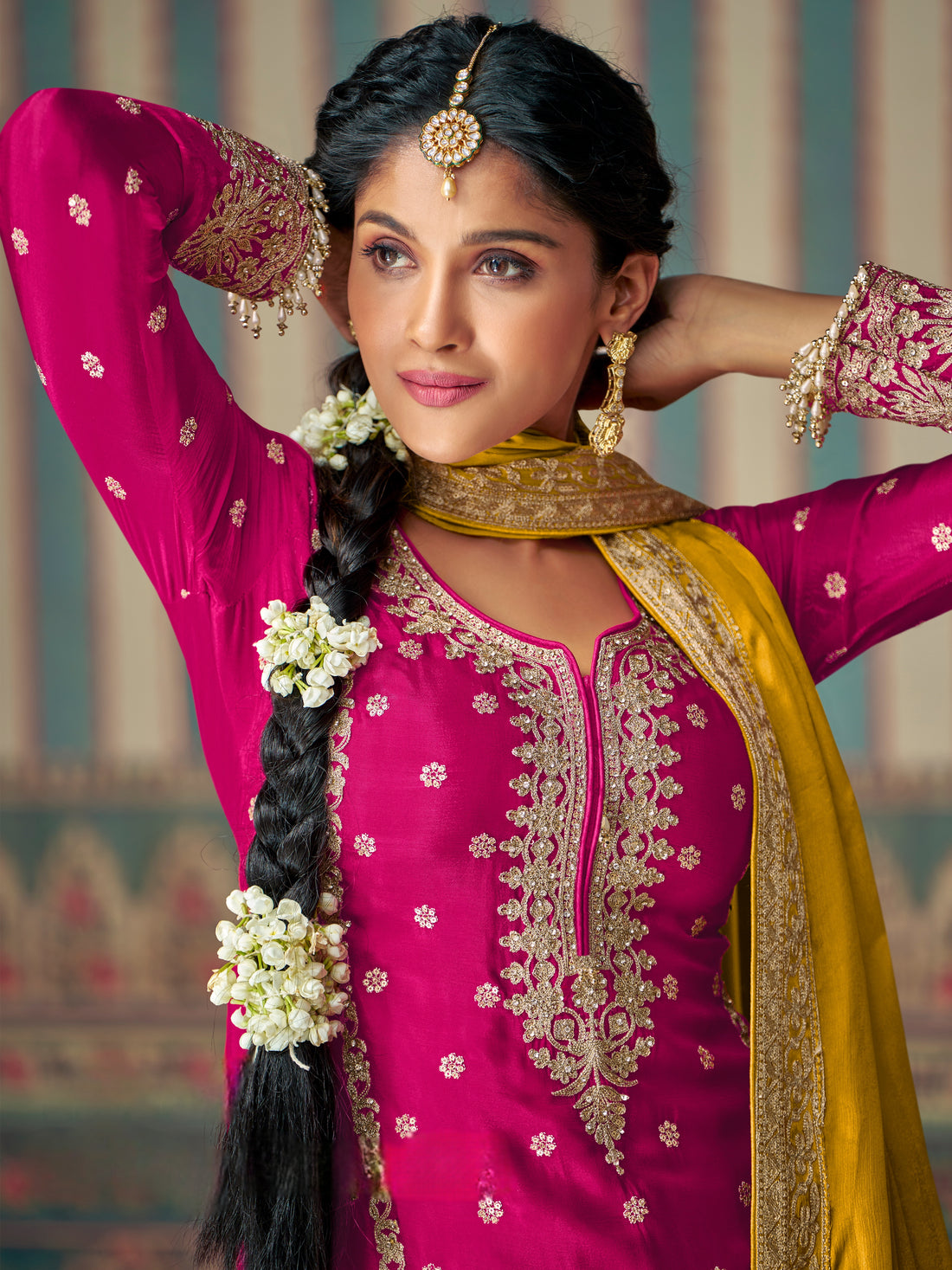 Magenta & Orange Heavy Embroidered Chinon Silk Palazzo Suit