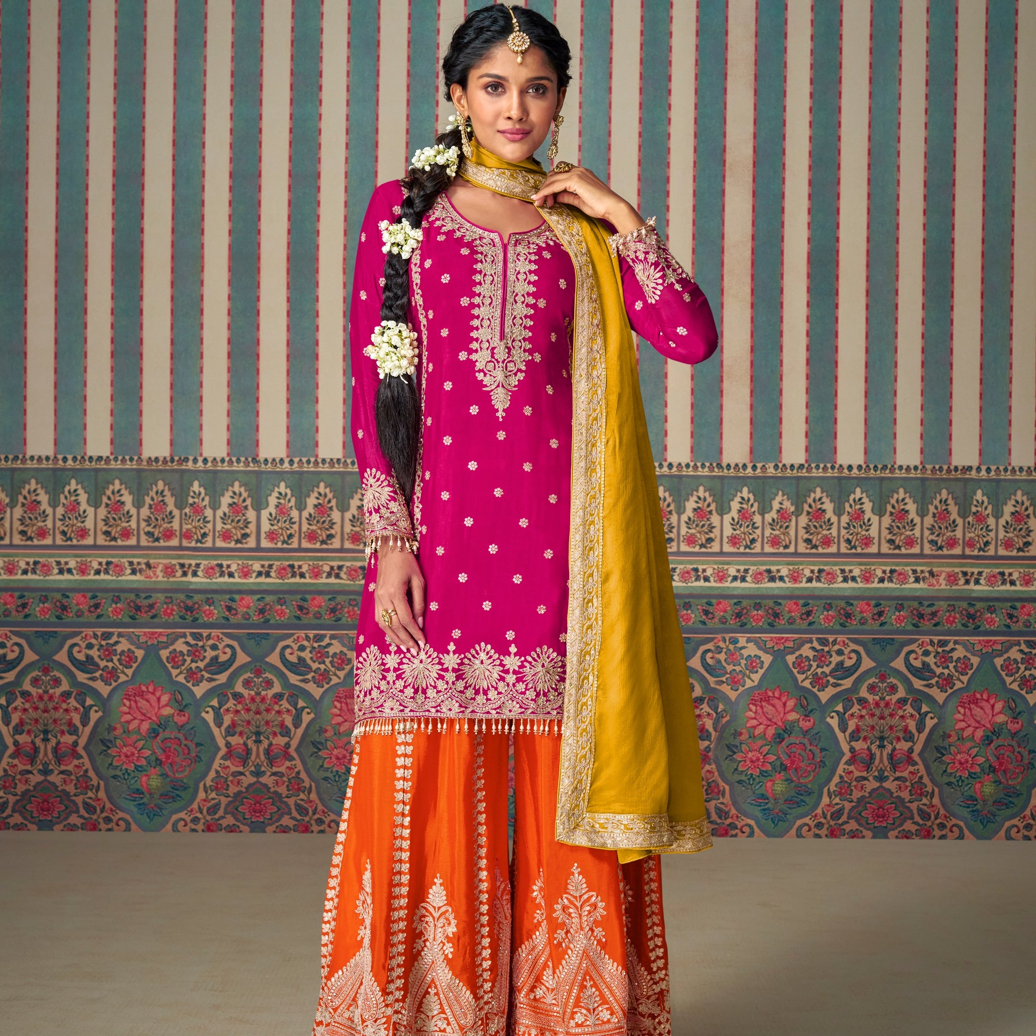 Magenta & Orange Heavy Embroidered Chinon Silk Palazzo Suit