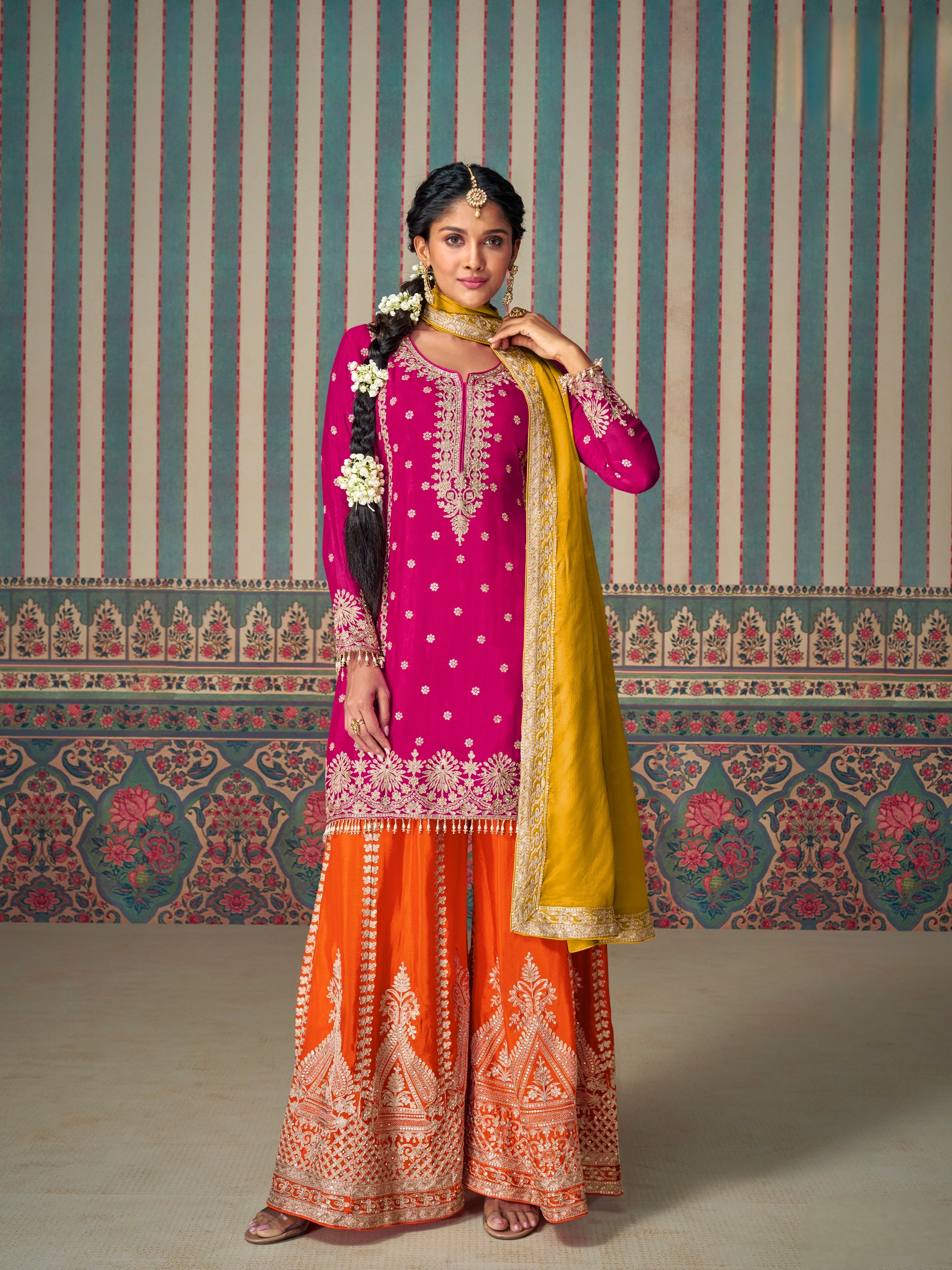 Magenta & Orange Heavy Embroidered Chinon Silk Palazzo Suit