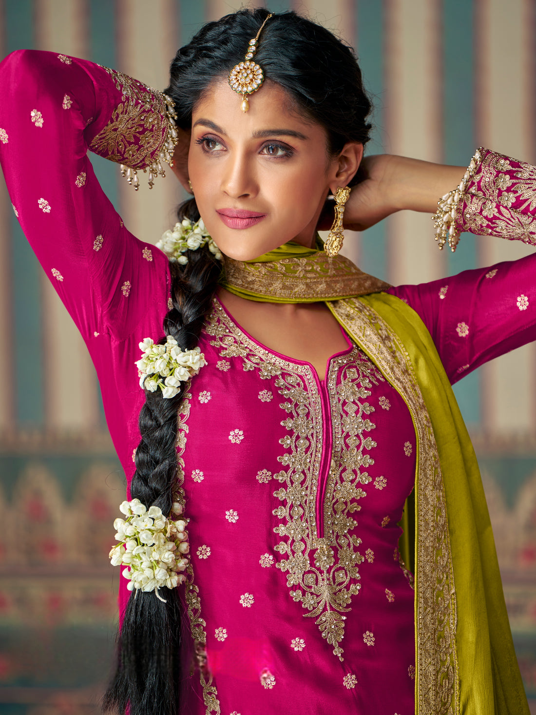 Magenta & Orange Heavy Mirror Work Chinon Silk Palazzo Suit