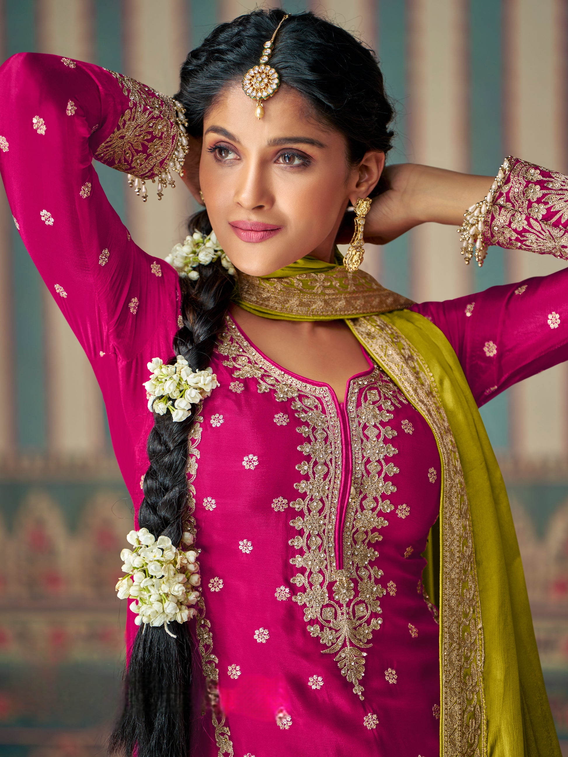 Magenta & Orange Heavy Mirror Work Chinon Silk Palazzo Suit