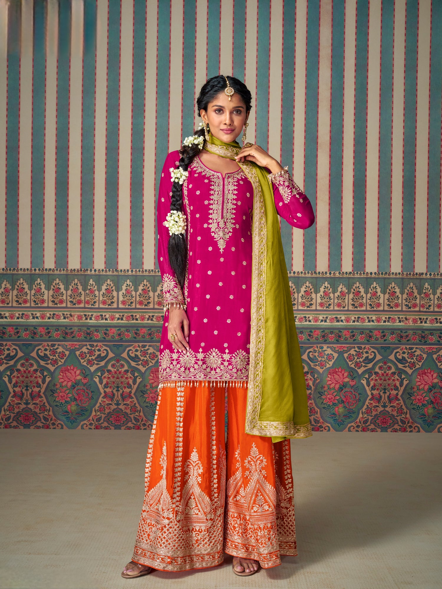 Magenta &amp; Orange Heavy Mirror Work Chinon Silk Palazzo Suit