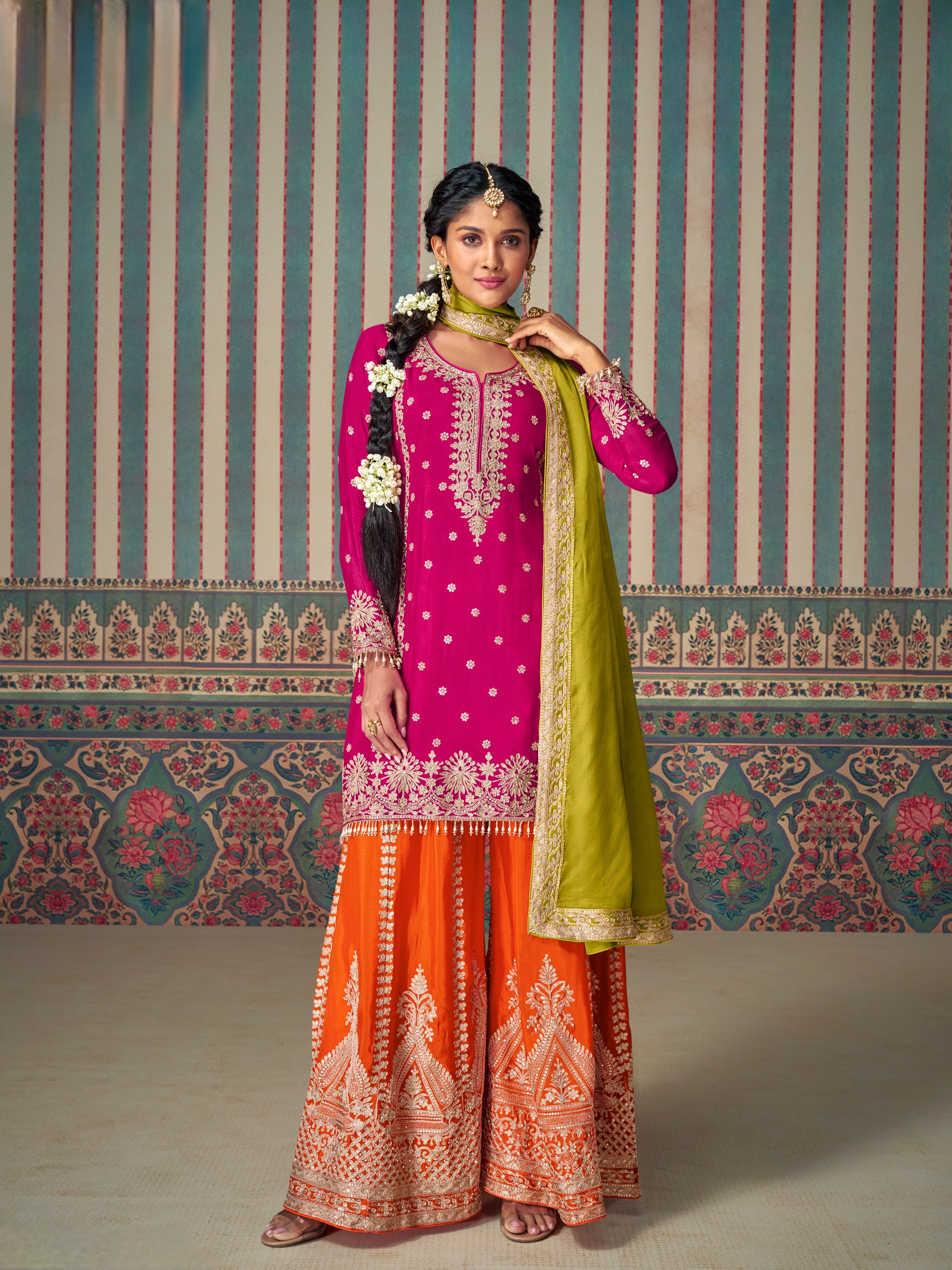 Magenta & Orange Heavy Mirror Work Chinon Silk Palazzo Suit