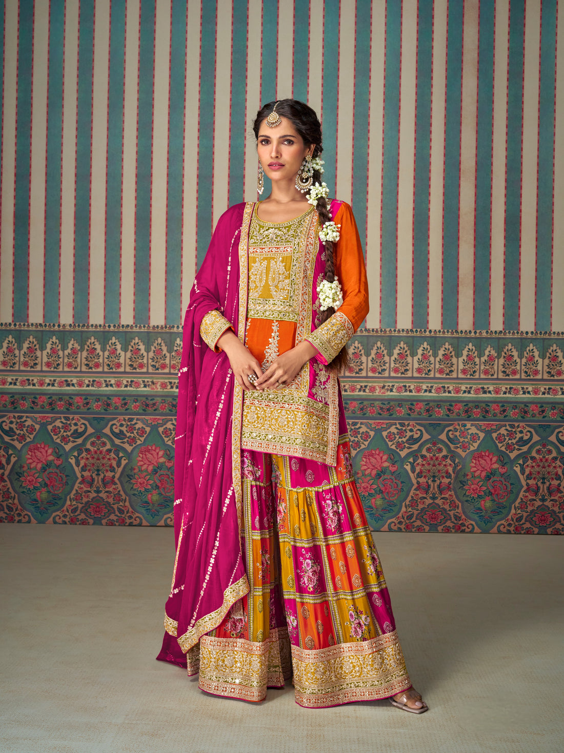 Mustard & Orange Embroidered Mirror Work Palazzo Suit