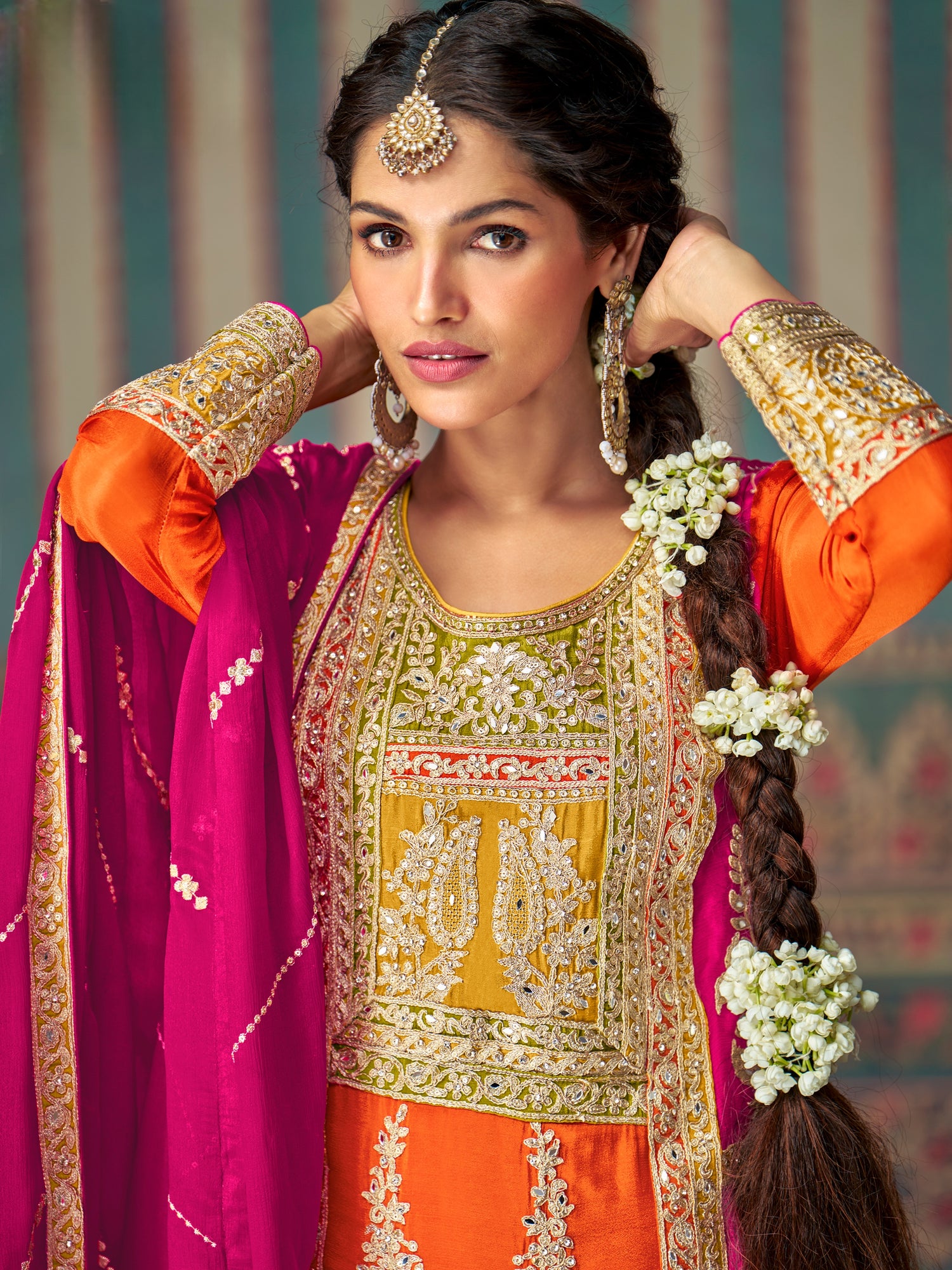 Mustard &amp; Orange Embroidered Mirror Work Palazzo Suit