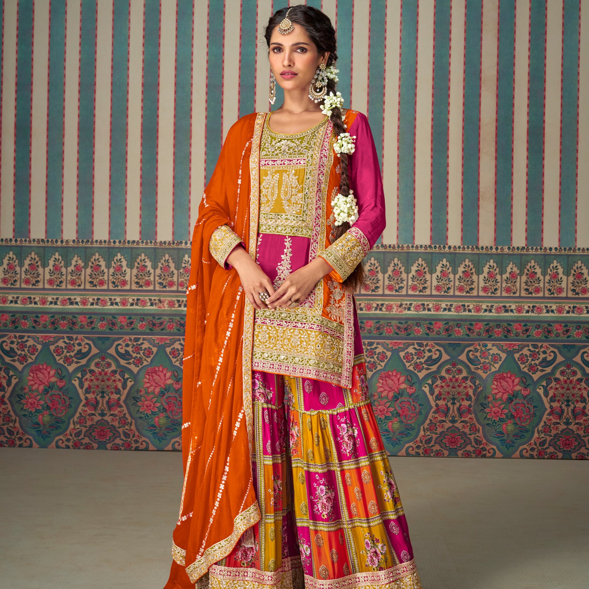 Mustard & Orange Heavy Chinon Silk Palazzo Suit