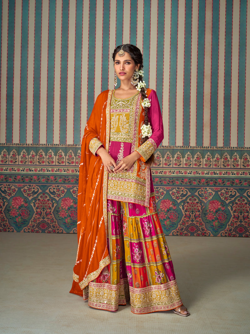 Mustard & Orange Heavy Chinon Silk Palazzo Suit