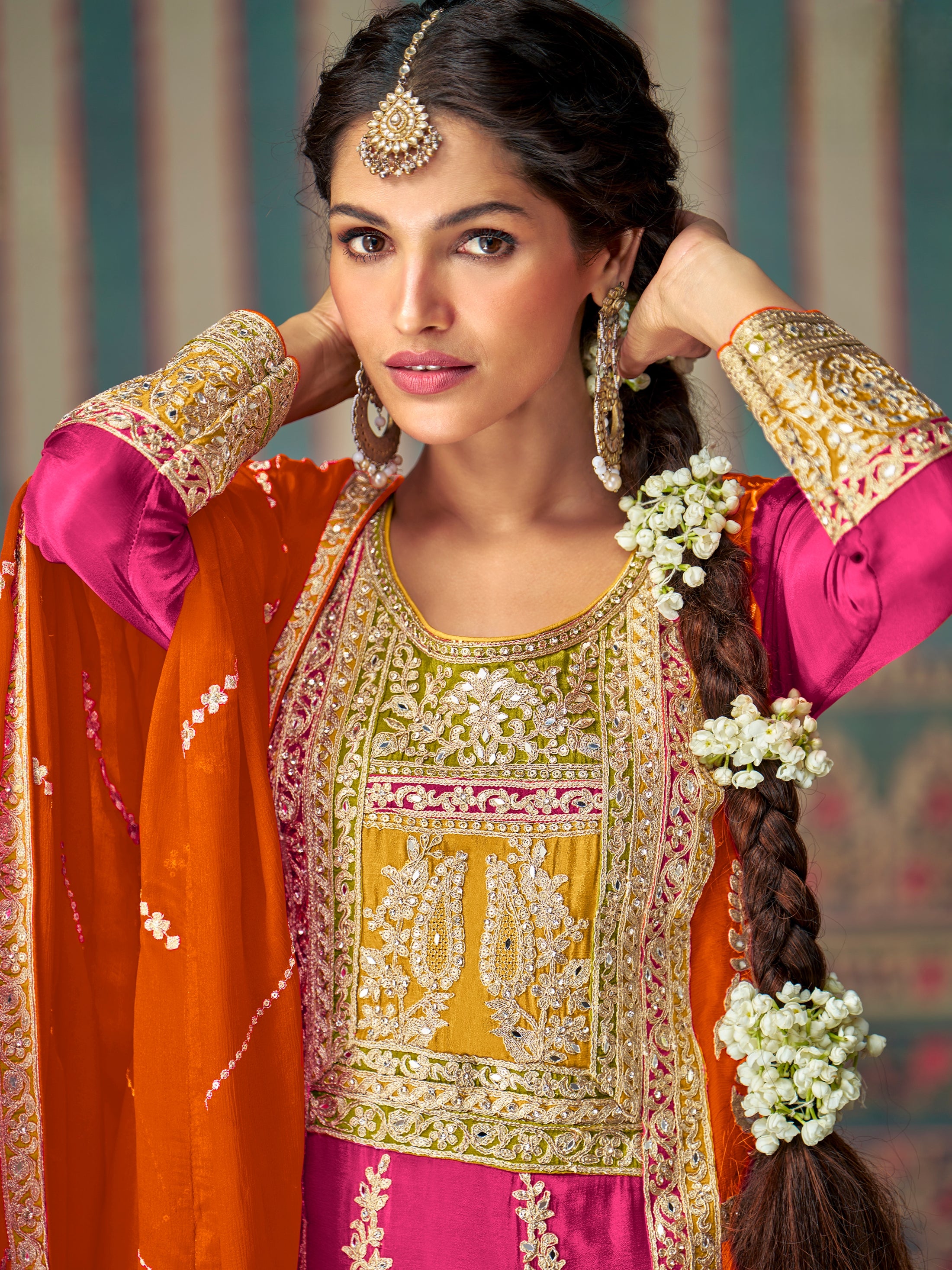 Mustard & Orange Heavy Chinon Silk Palazzo Suit