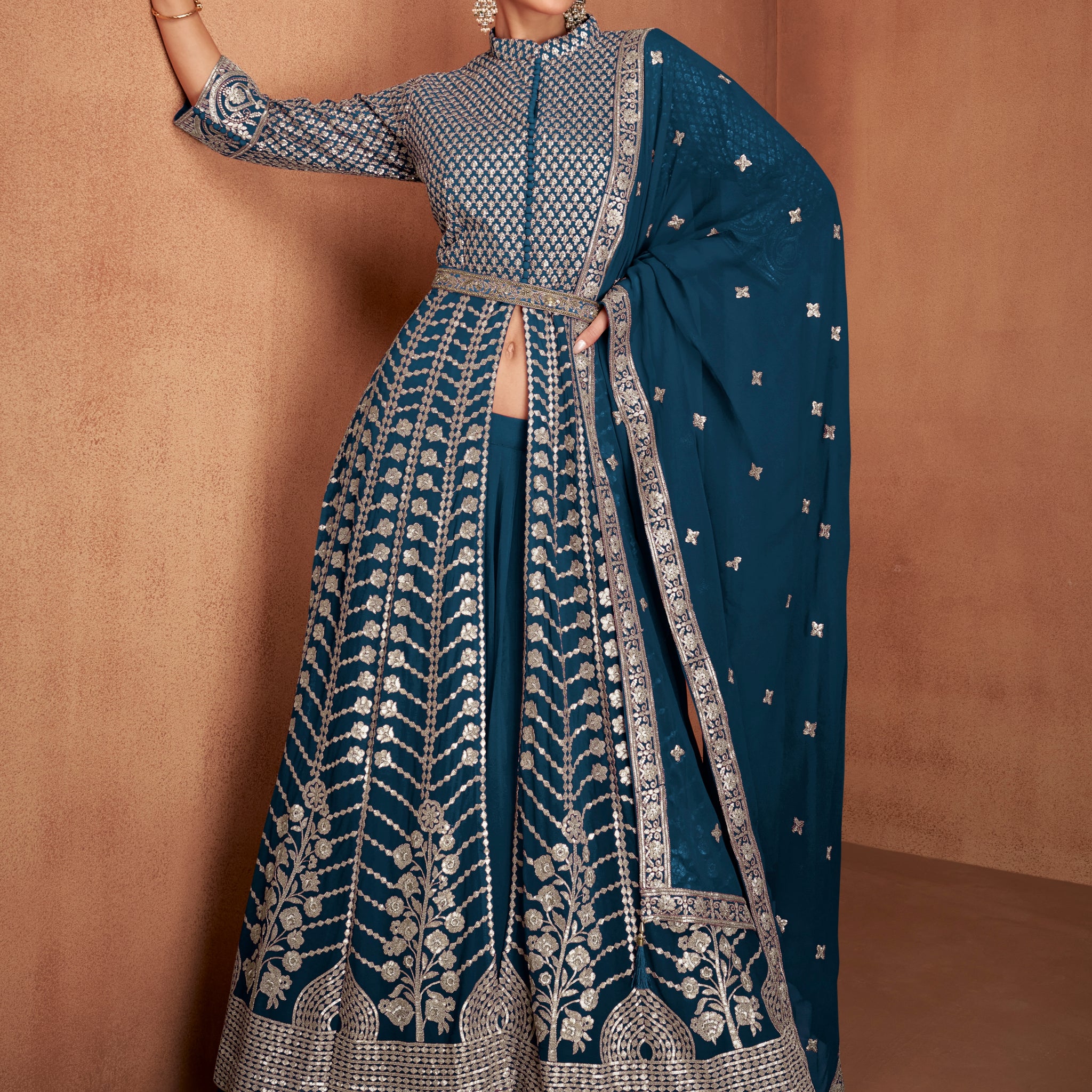Midnight Blue Real Georgette Embroidered Anarkali Suit