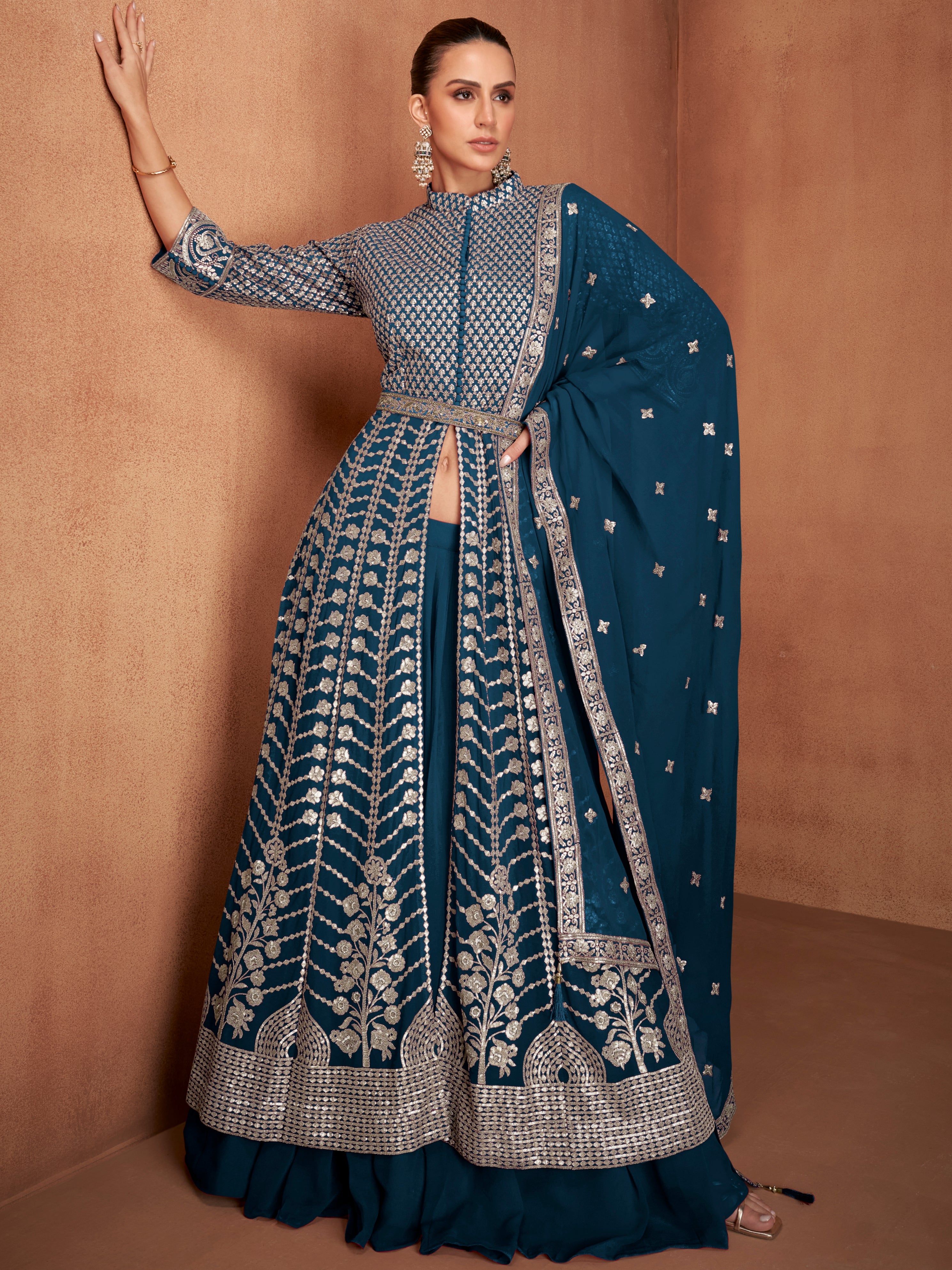 Midnight Blue Real Georgette Embroidered Anarkali Suit