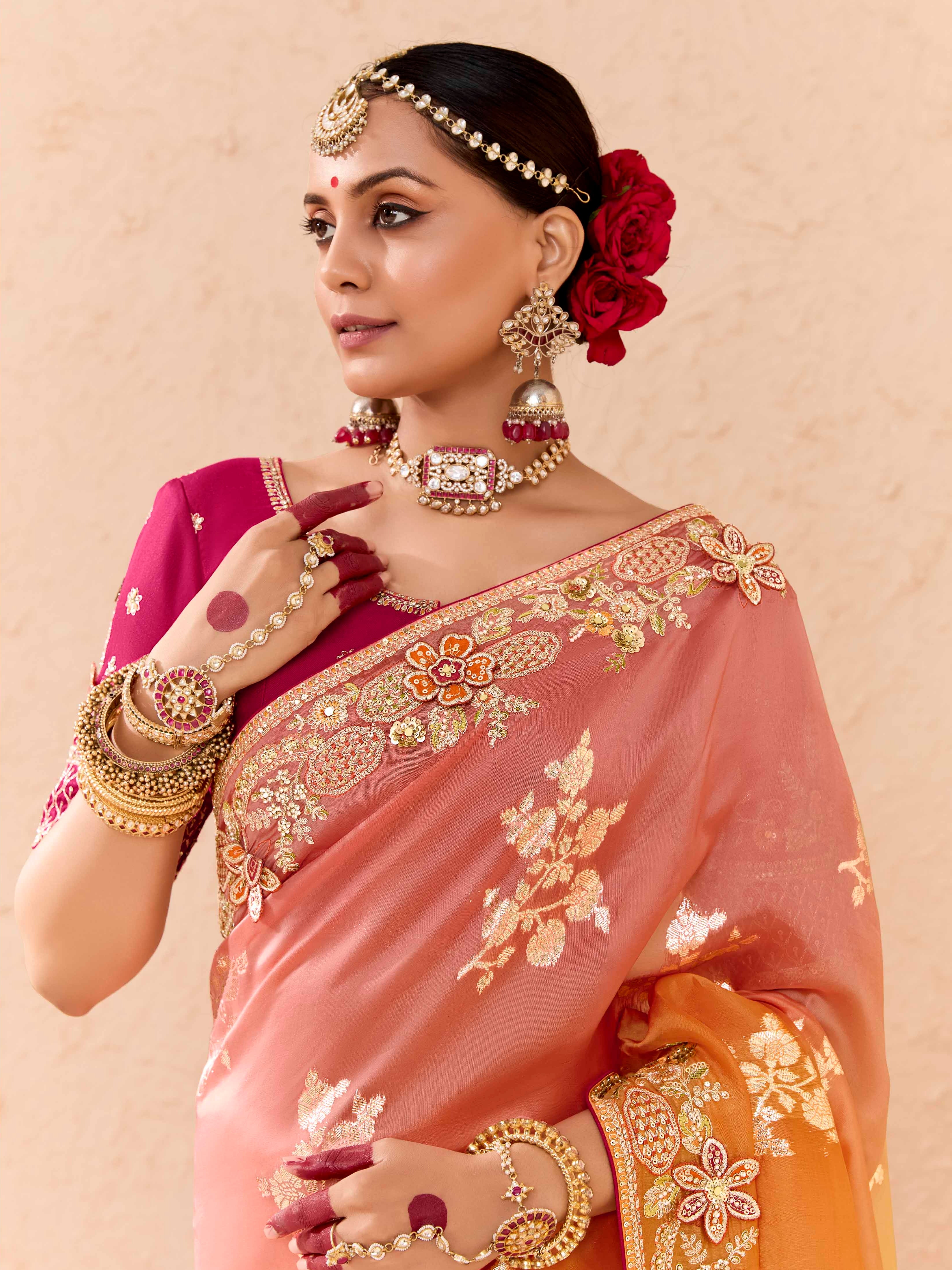 Ombre Peach &amp; Yellow Viscose Bemberg Designer Saree