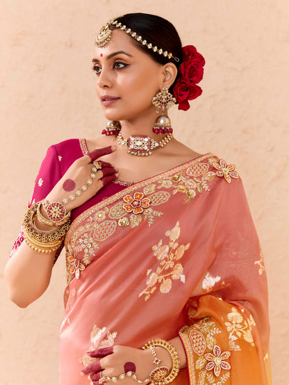 Ombre Peach &amp; Yellow Viscose Bemberg Designer Saree