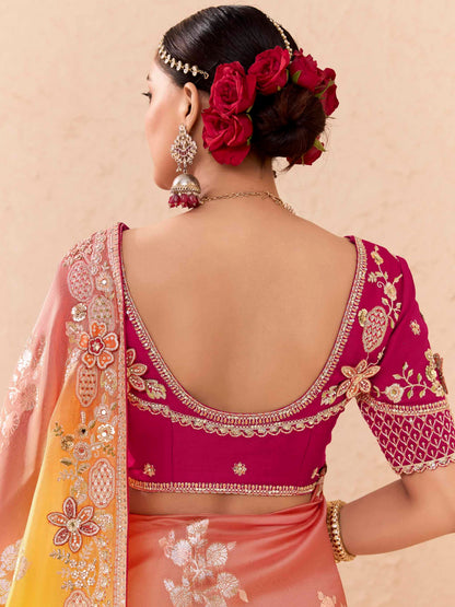Ombre Peach &amp; Yellow Viscose Bemberg Designer Saree