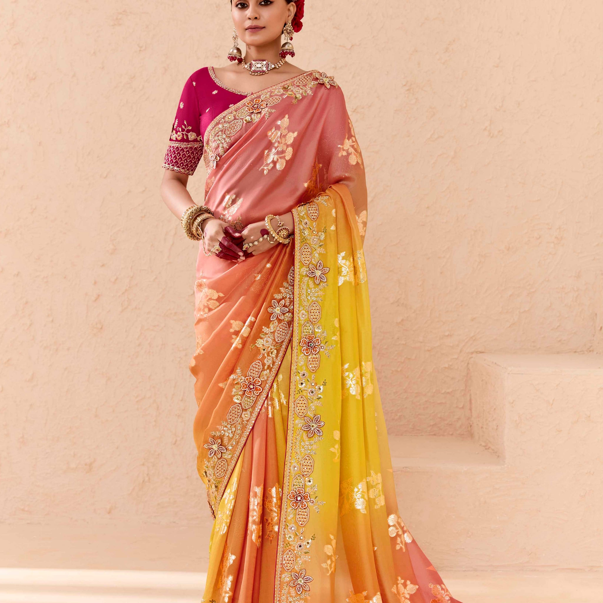 Ombre Peach & Yellow Viscose Bemberg Designer Saree