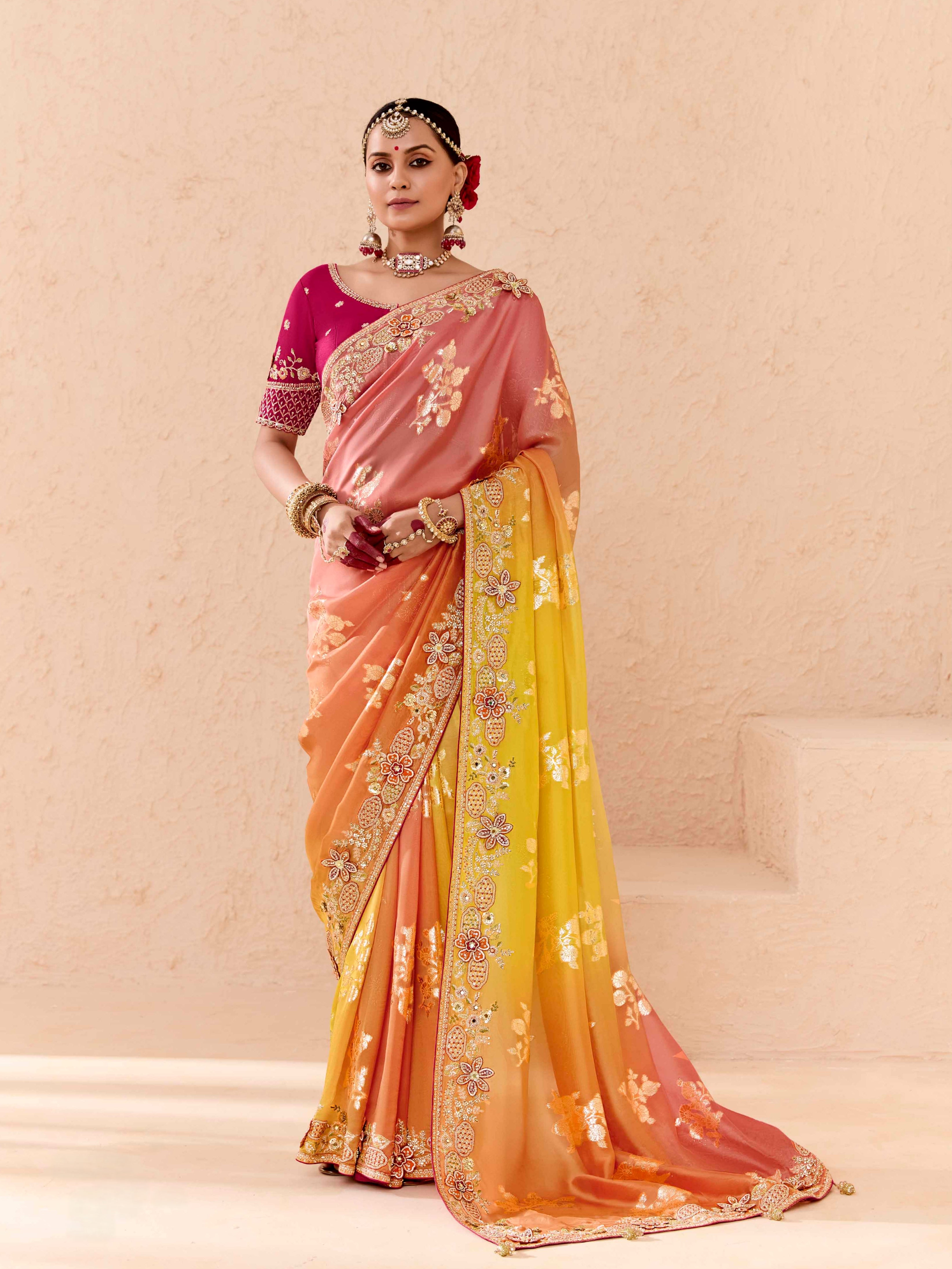 Ombre Peach &amp; Yellow Viscose Bemberg Designer Saree