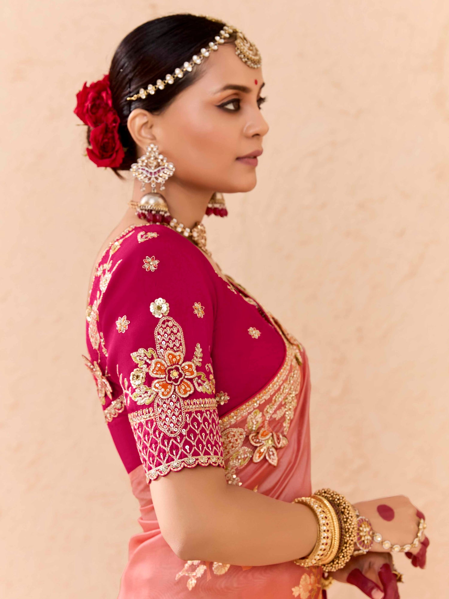 Ombre Peach &amp; Yellow Viscose Bemberg Designer Saree