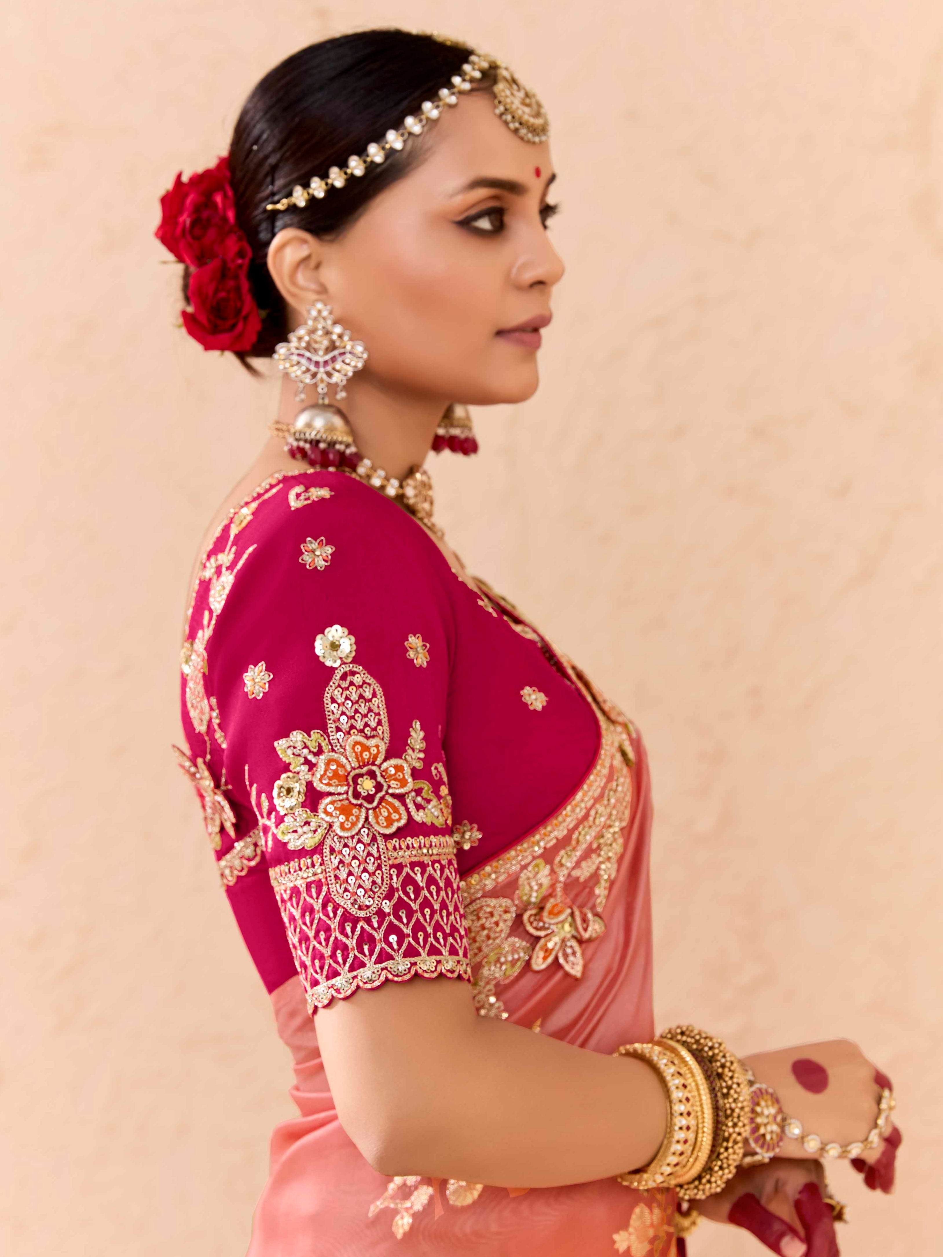 Ombre Peach &amp; Yellow Viscose Bemberg Designer Saree