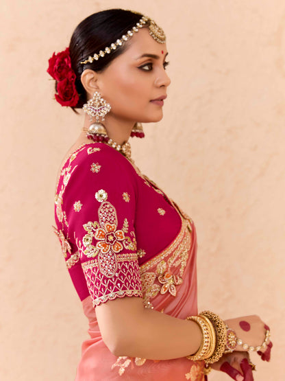 Ombre Peach &amp; Yellow Viscose Bemberg Designer Saree