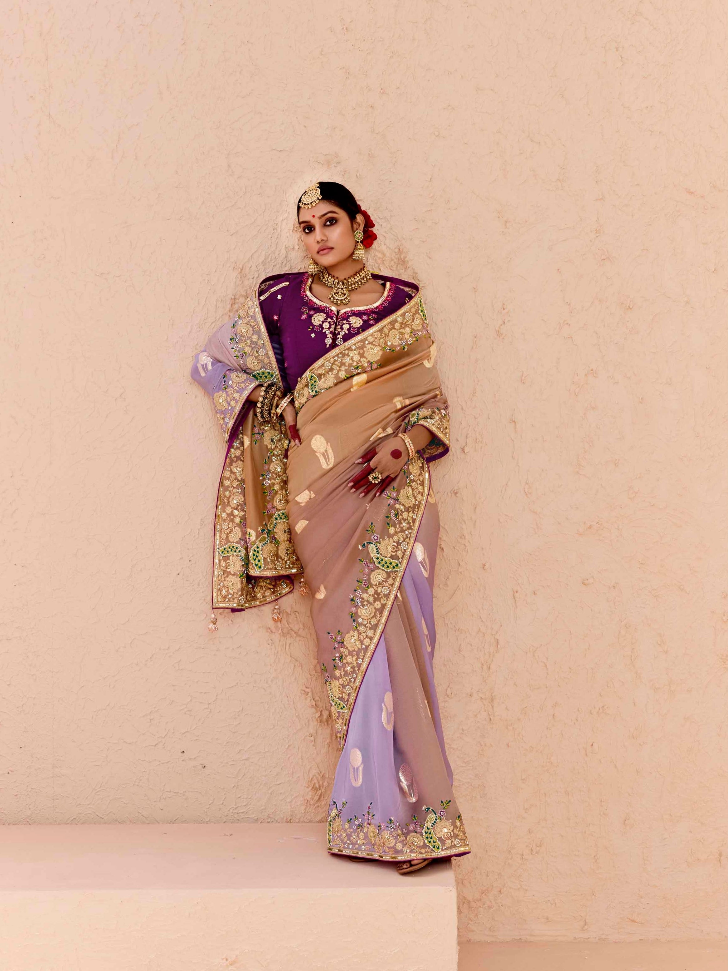 Beige &amp; Lavender Viscose Bemberg Designer Saree